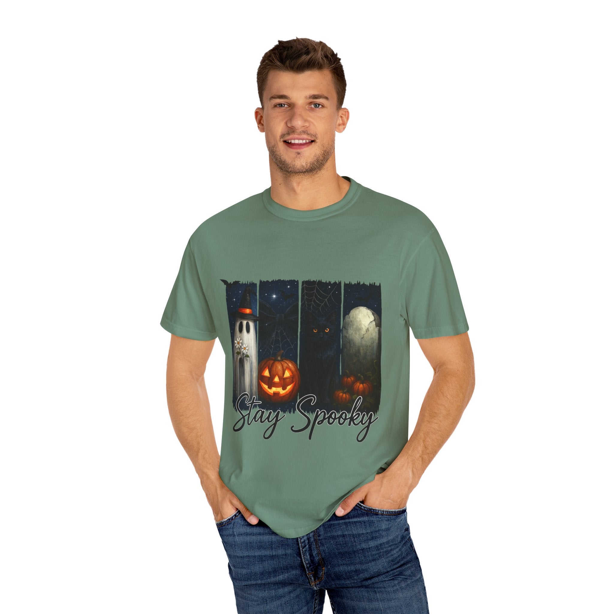 Stay Spooky Halloween T-Shirt – Cute Ghost, Black Cat, Pumpkin & Graveyard Design