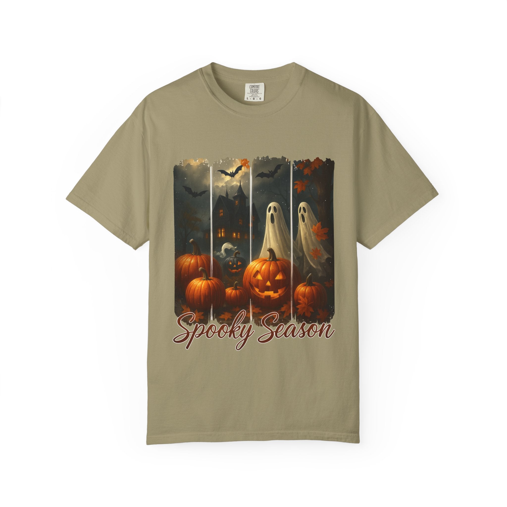 Spooky Season Unisex Halloween T-Shirt – Haunted House, Pumpkins & Ghosts Fall Design