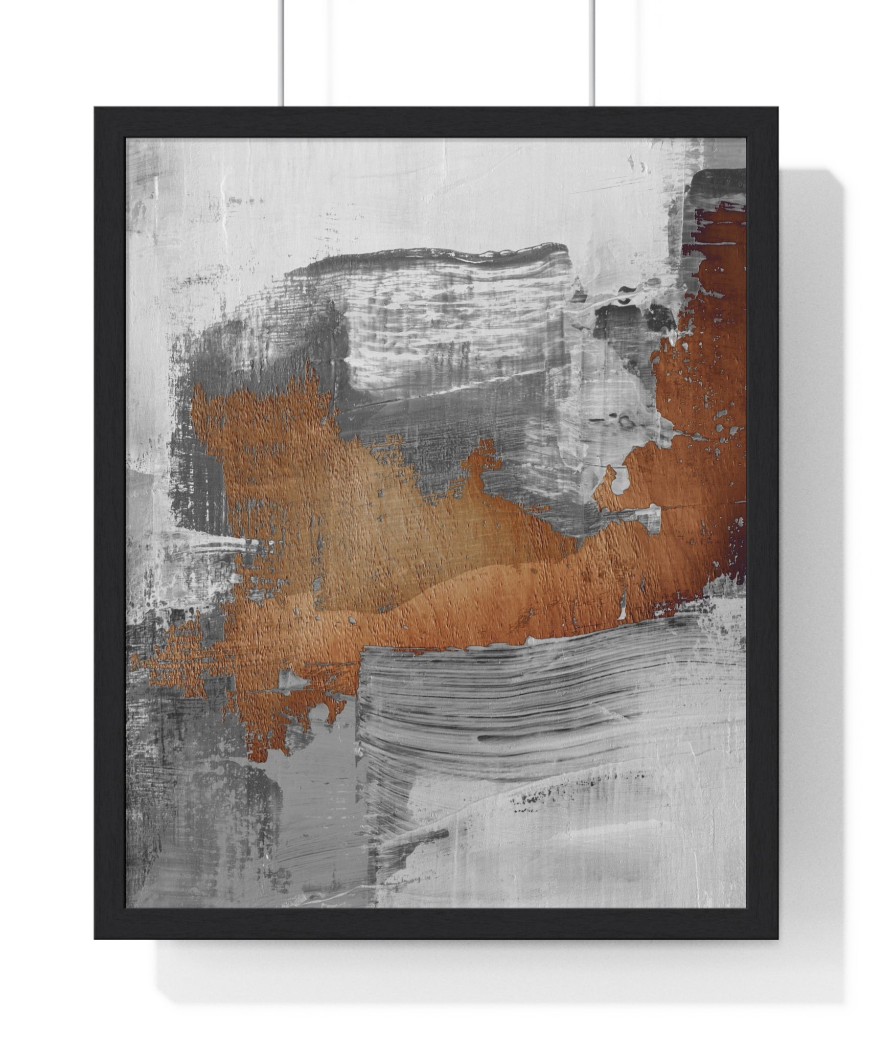 Textured Abstract Wall Art – Grey, Copper & White Modern Brushstroke Poster on Wooden Frame