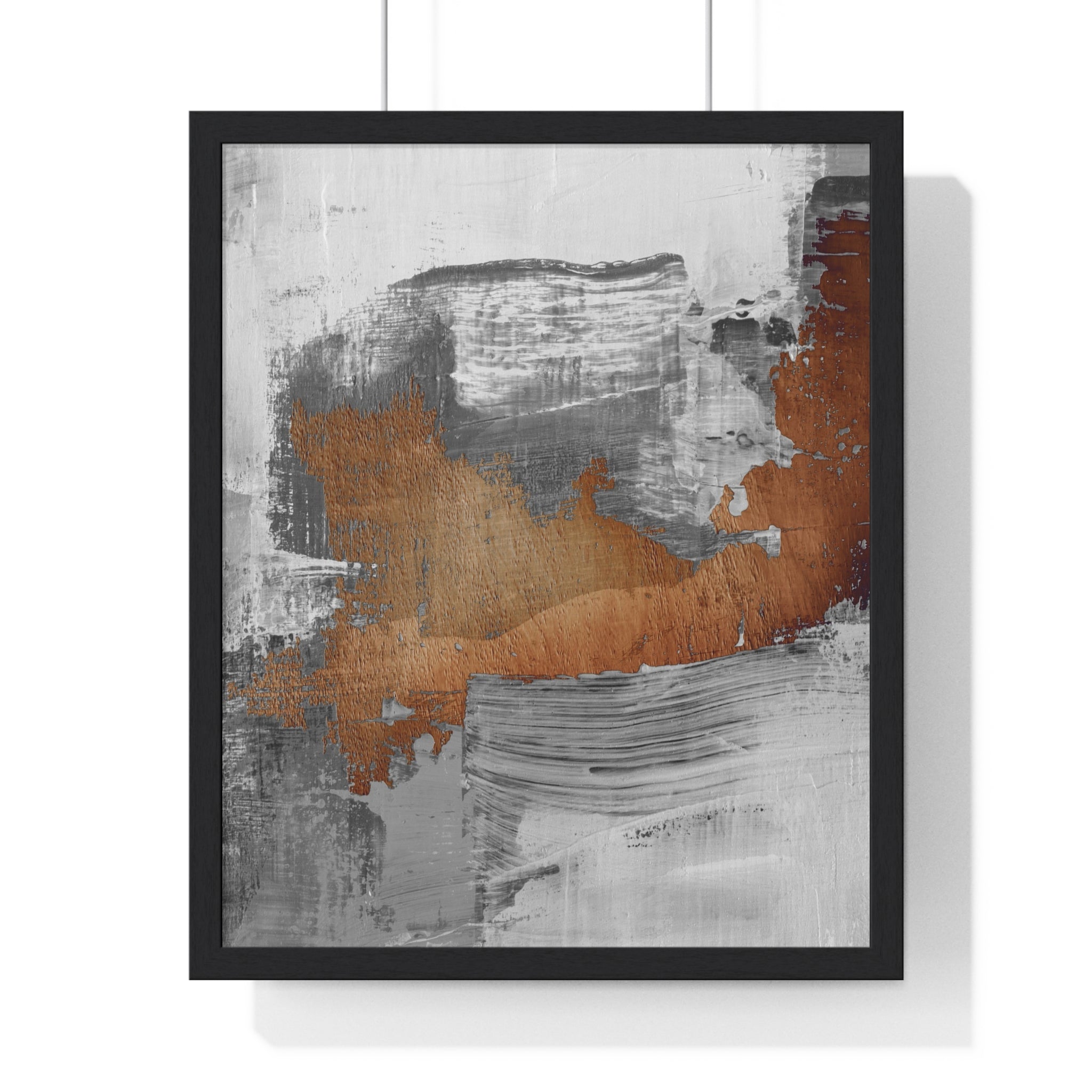Textured Abstract Wall Art – Grey, Copper & White Modern Brushstroke Poster on Wooden Frame