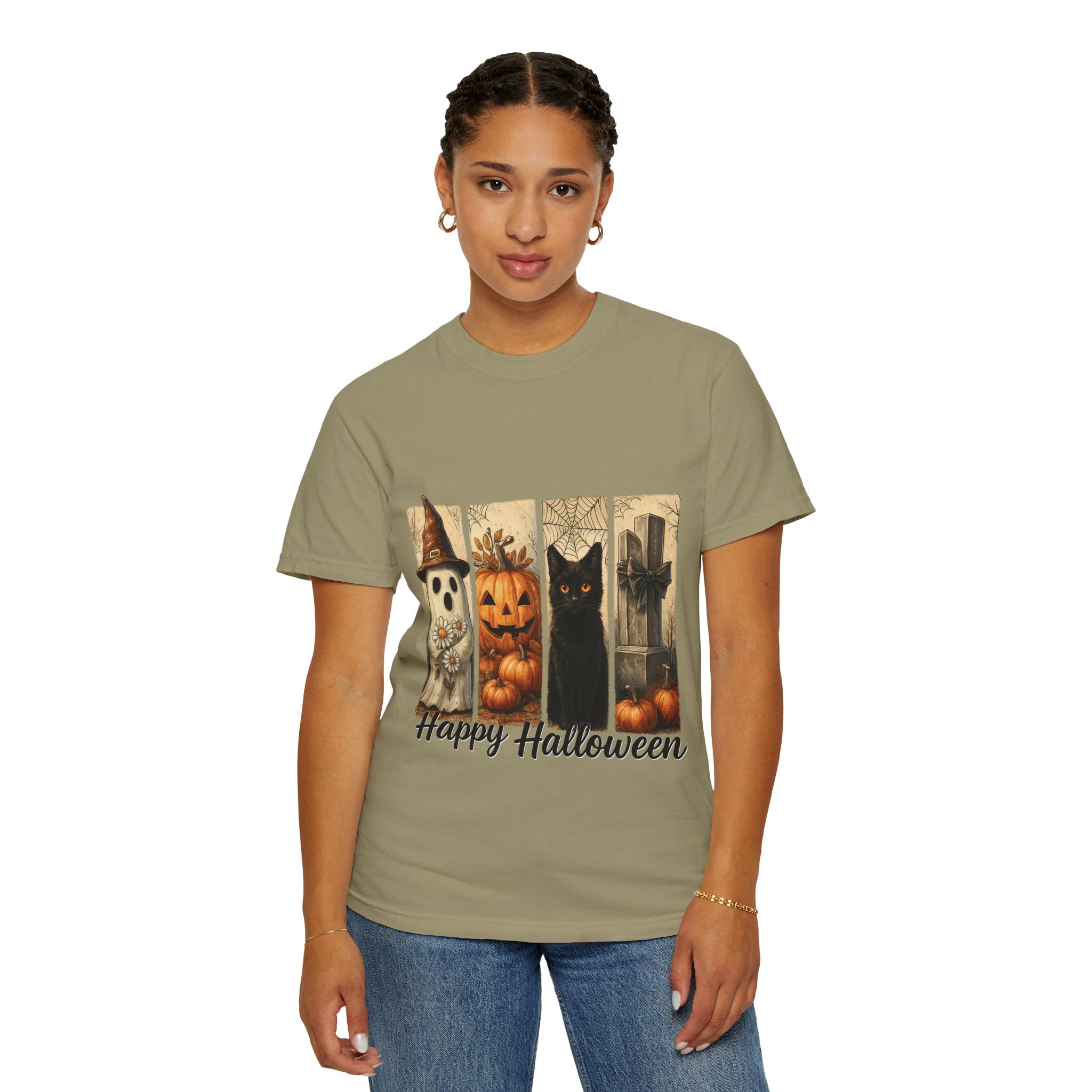 Happy Halloween Unisex T-Shirt – Ghost, Black Cat & Pumpkin Graphic Tee