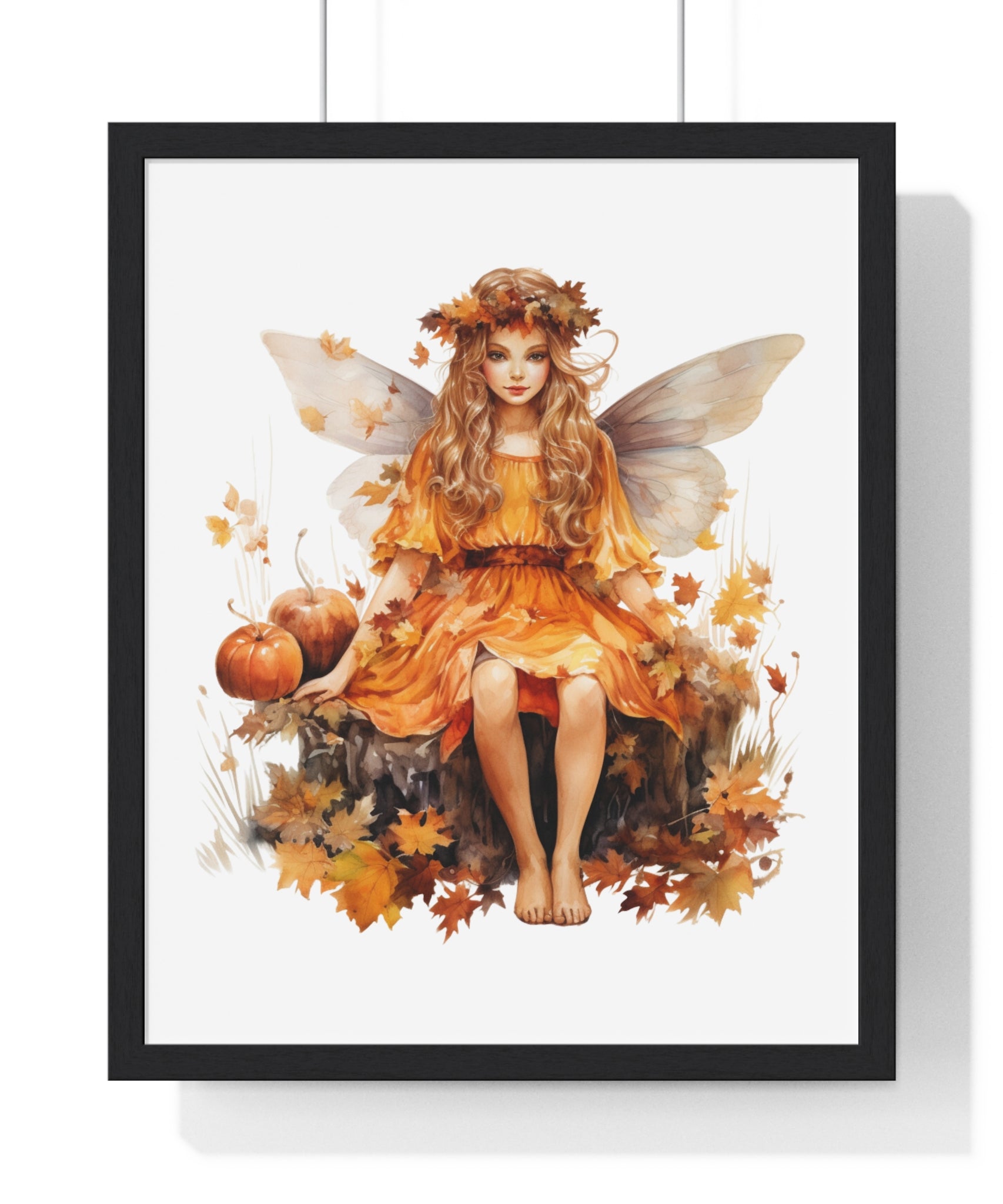 Fall Fairy Wall Art – Orange Dress Woodland Fairy with Pumpkins | Wooden Frame Poster for Autumn Home Decor