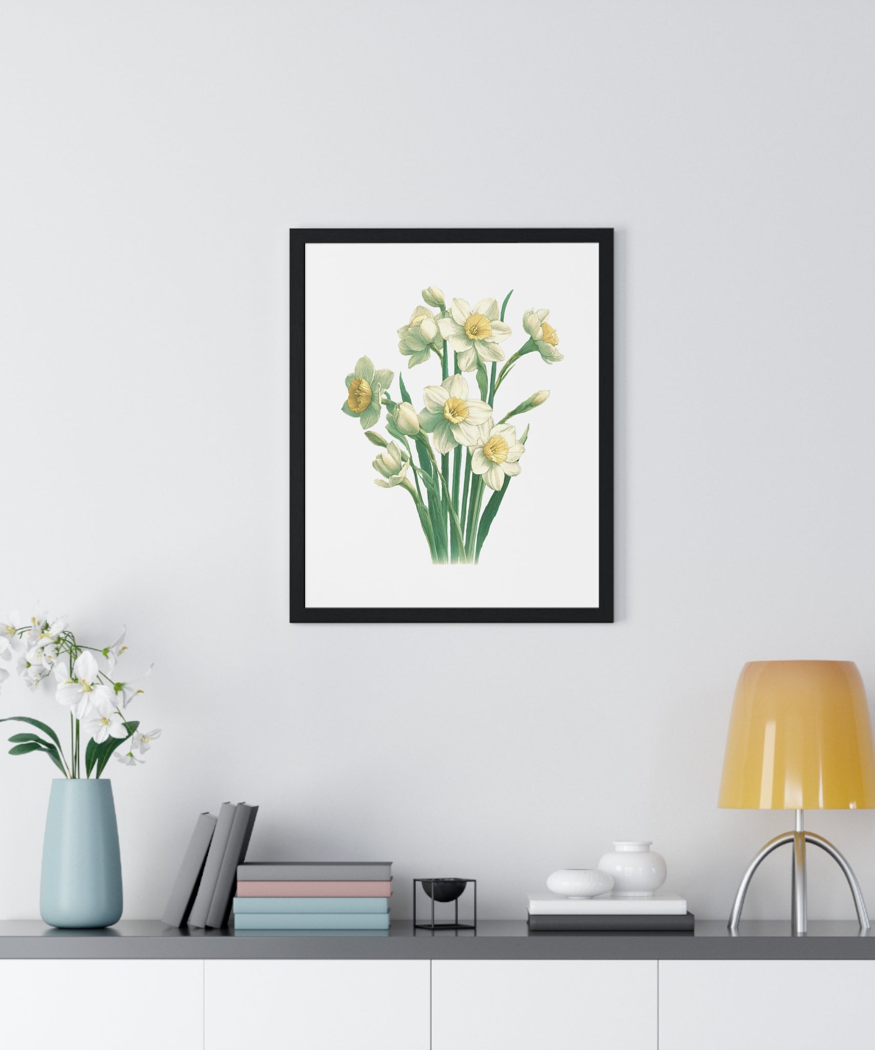 December Birth Month Flower Wall Art – Narcissus Botanical Illustration in Wooden Frame | Hope, Good Fortune & Renewal