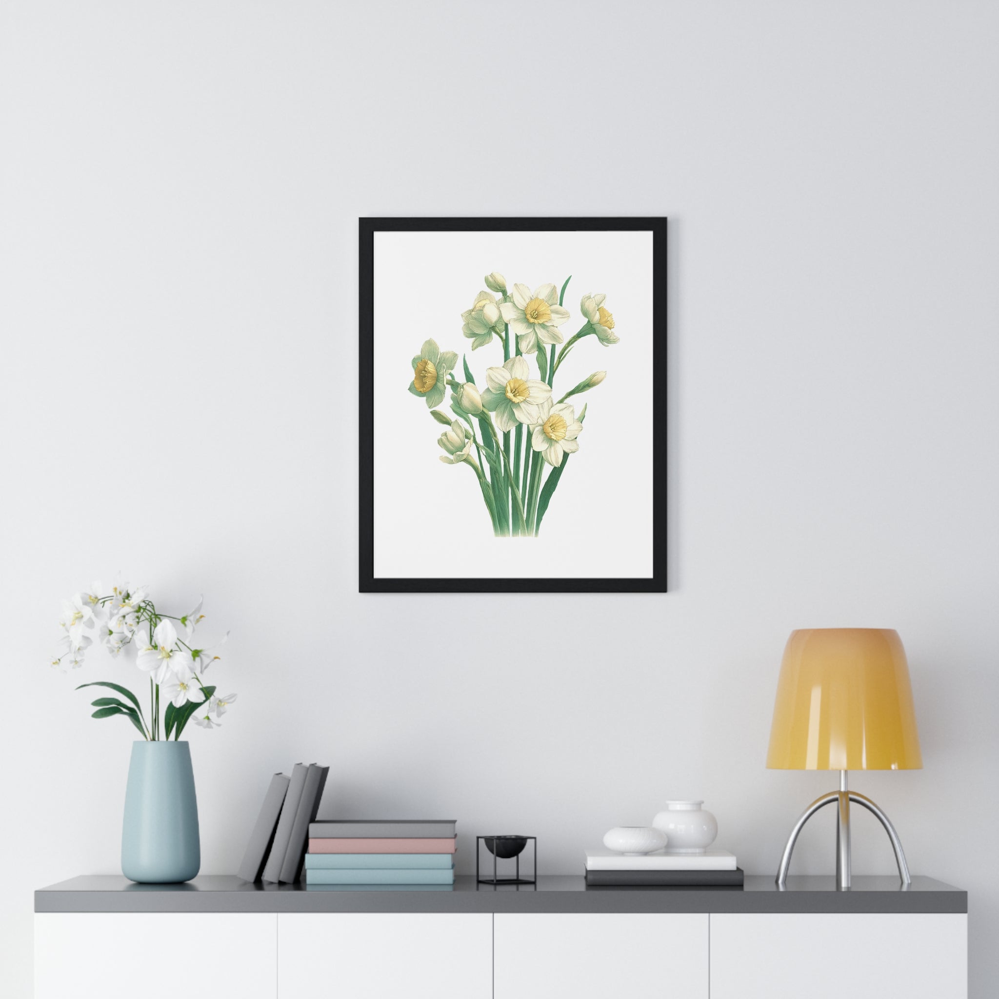 December Birth Month Flower Wall Art – Narcissus Botanical Illustration in Wooden Frame | Hope, Good Fortune & Renewal