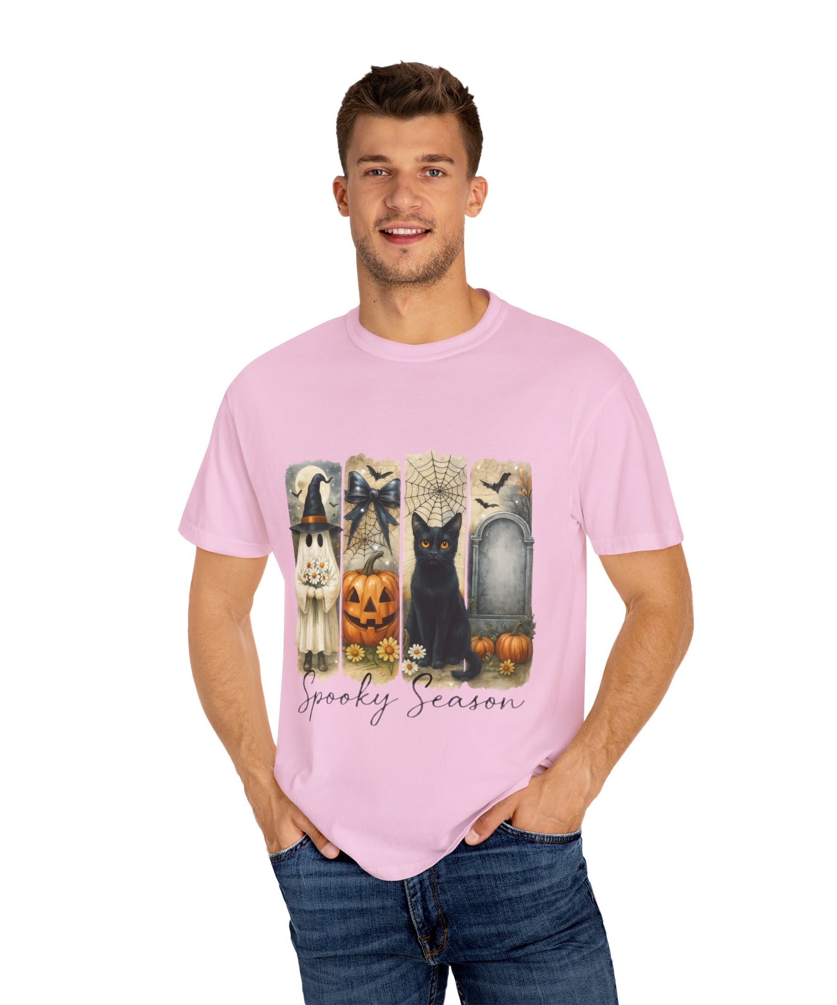 Spooky Season Halloween Unisex T-Shirt – Ghost, Black Cat & Pumpkin Design - Gallory Hive