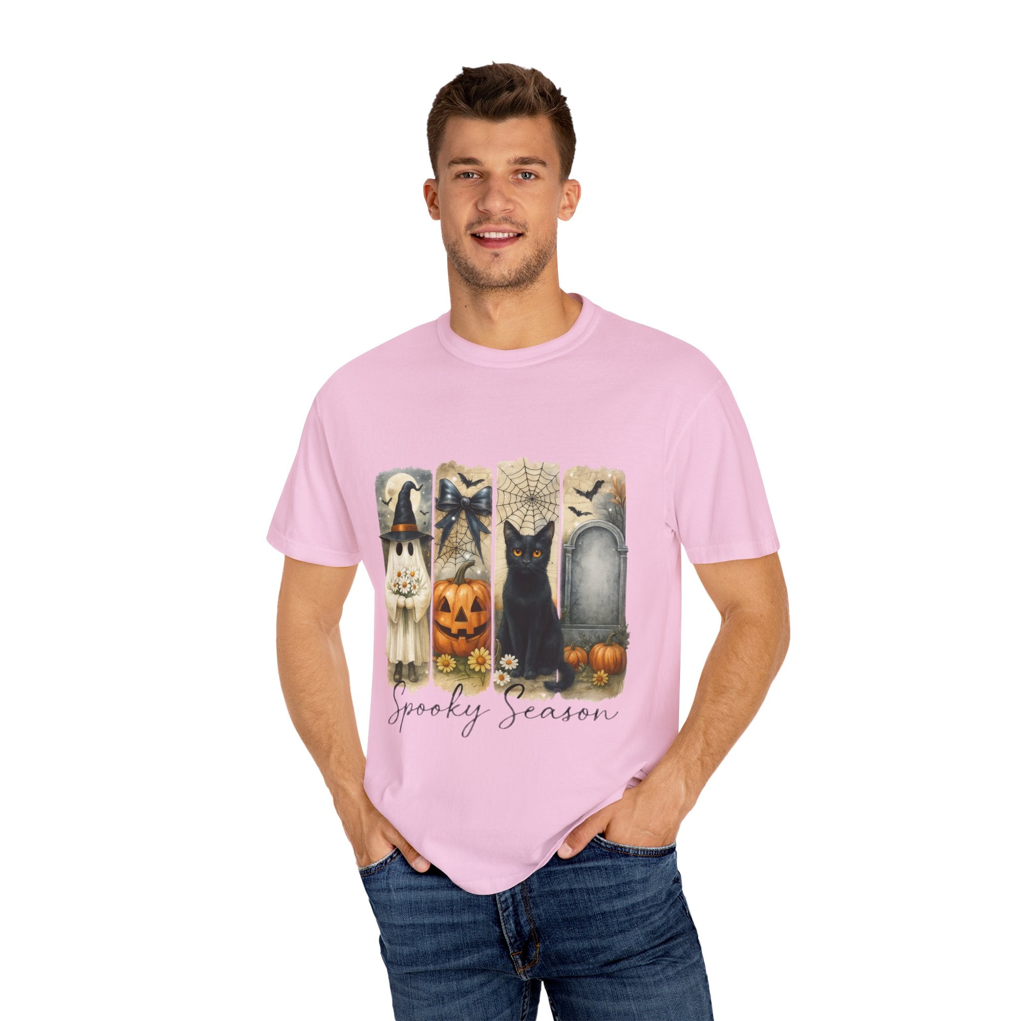 Spooky Season Halloween Unisex T-Shirt – Ghost, Black Cat & Pumpkin Design
