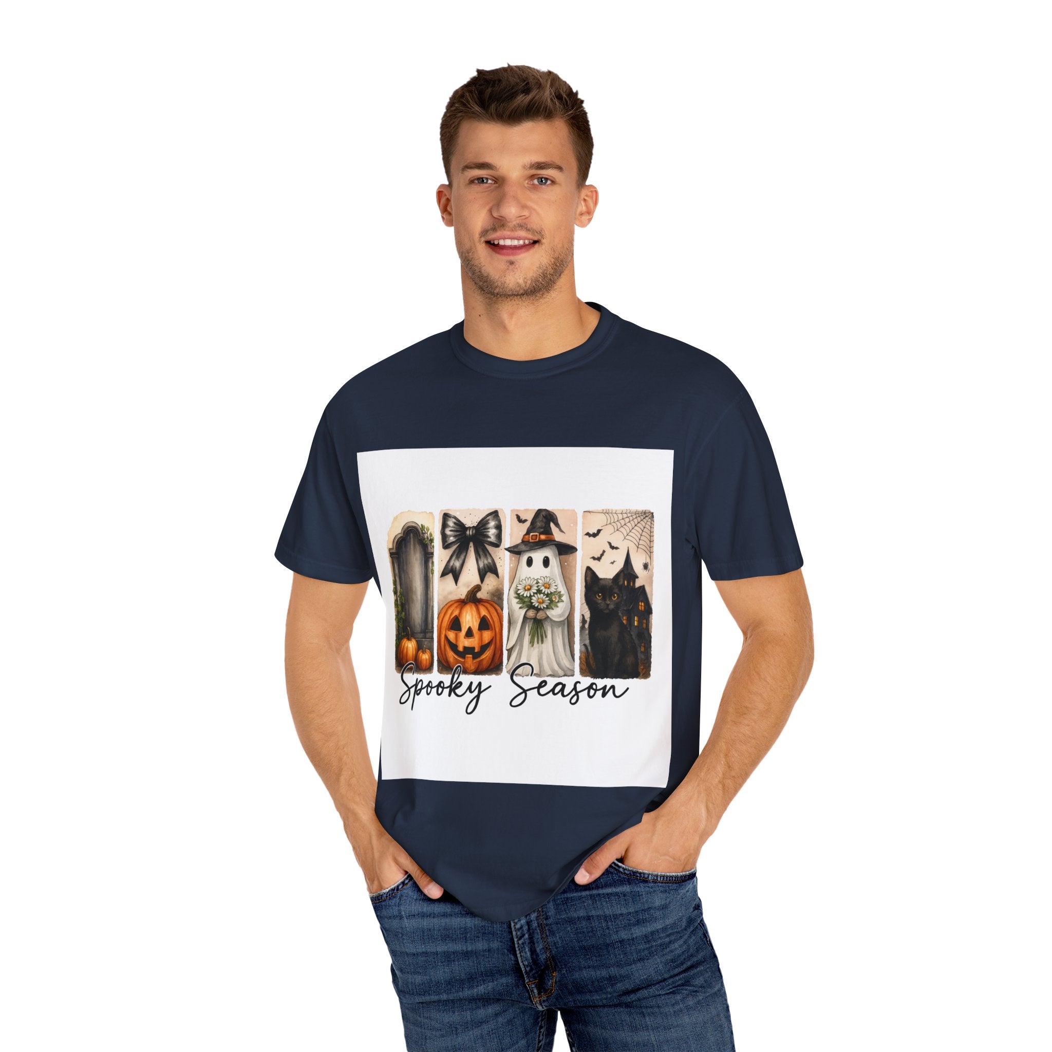 Spooky Season Unisex Halloween T-Shirt – Ghost, Black Cat, Pumpkin & Haunted House Art