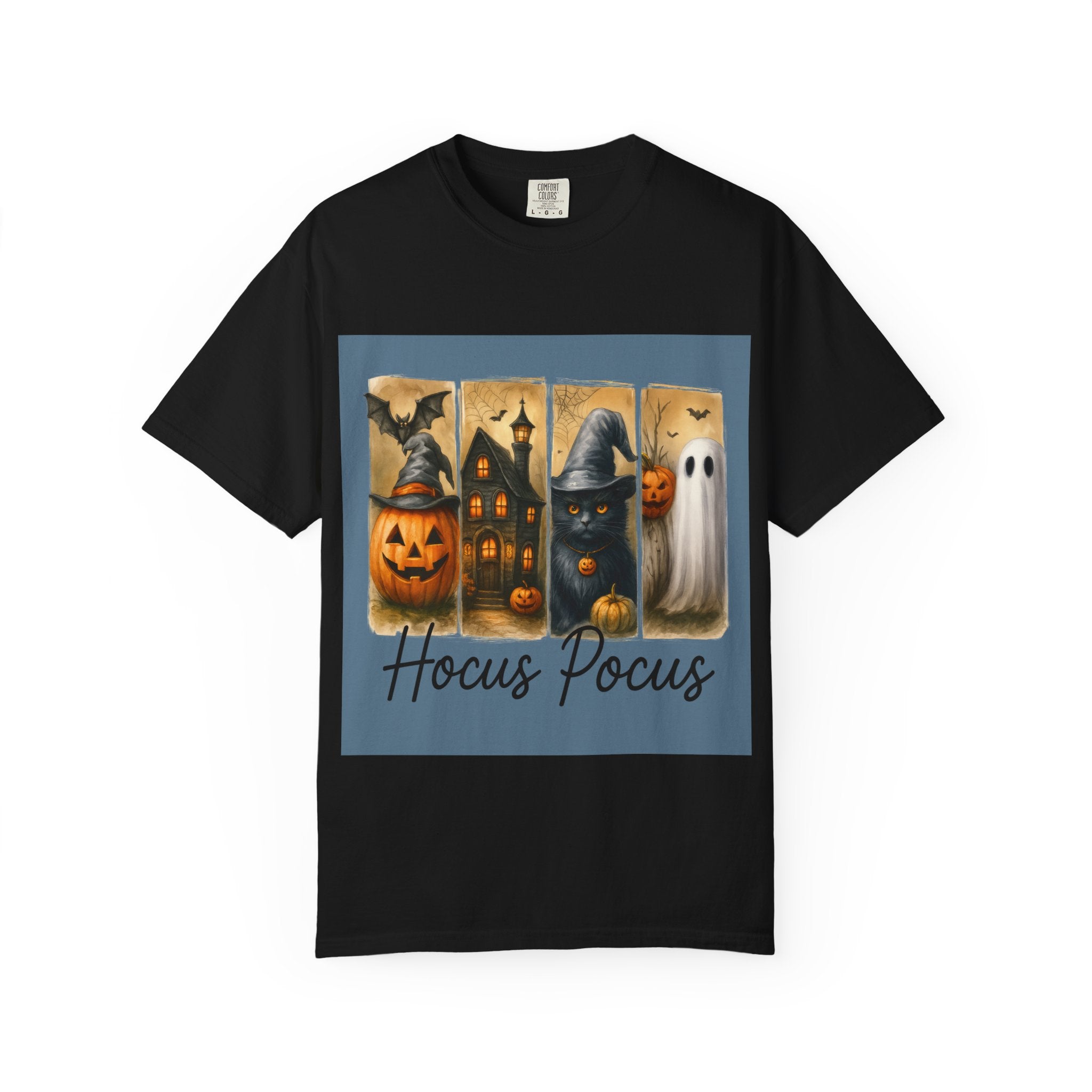 Hocus Pocus Halloween Unisex T-Shirt – Witchy Cat, Haunted House, Pumpkin & Ghost Art
