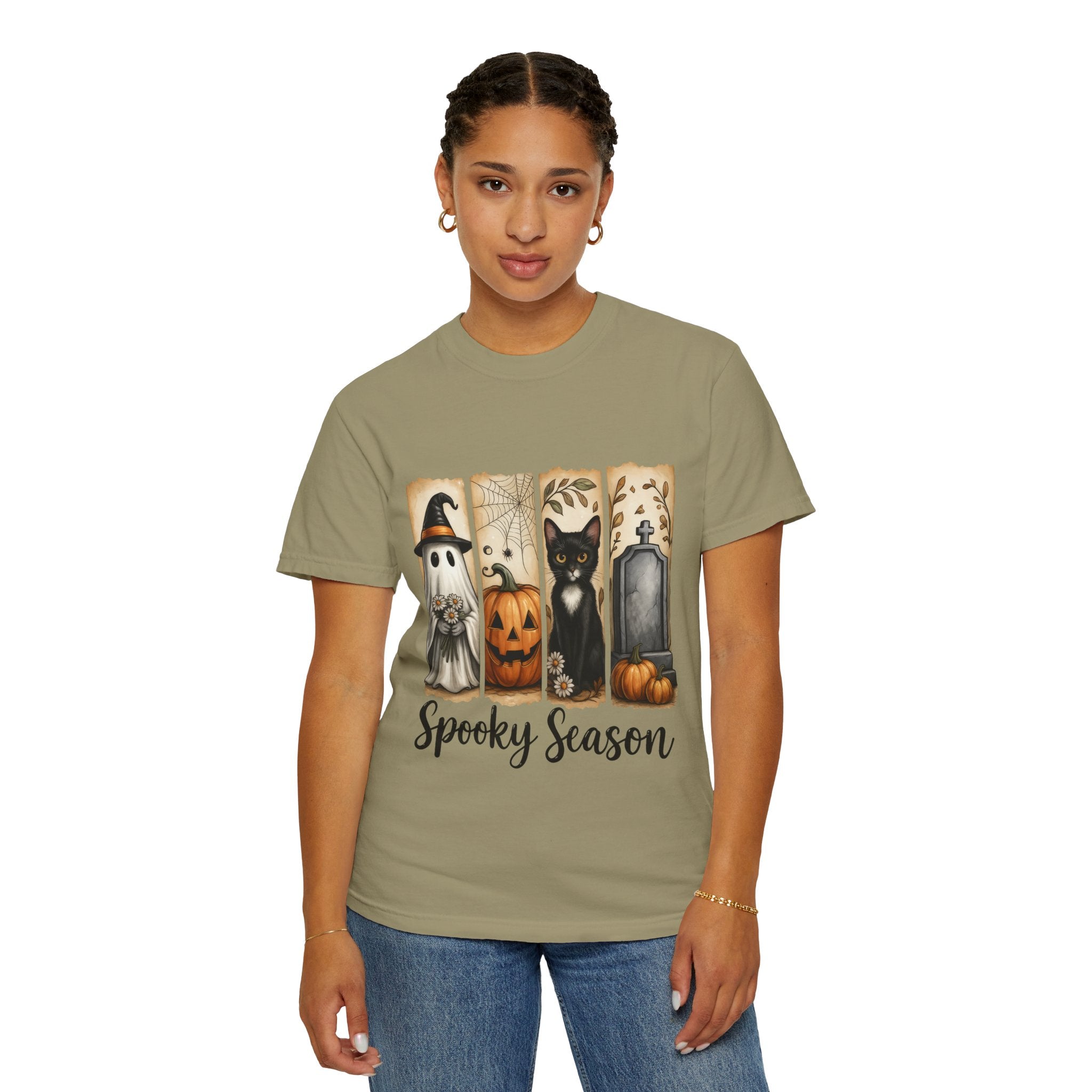 Spooky Season Halloween Unisex T-Shirt – Ghost, Cat & Pumpkin Design