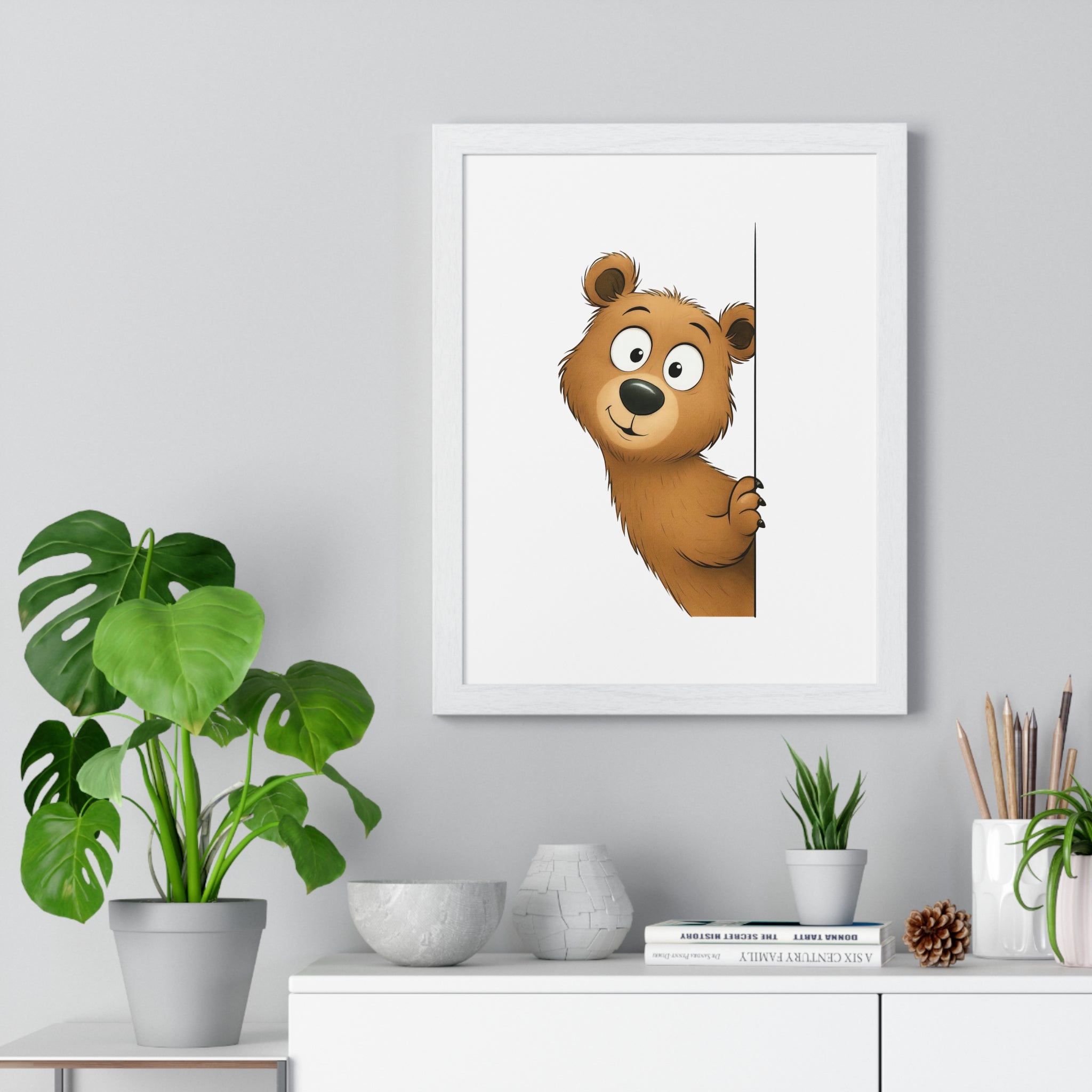 Wooden Frame Wall Decor with Adorable Bear Cub Print
