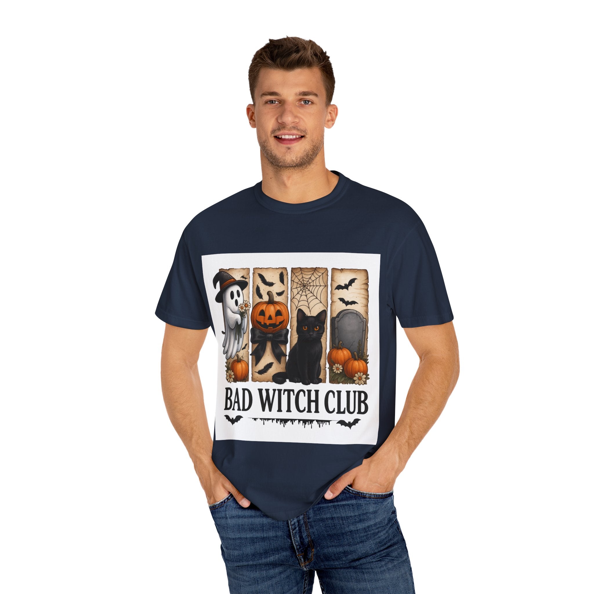 Bad Witch Club Halloween T-Shirt – Cute Ghost, Black Cat, Pumpkin & Spooky Gothic Design