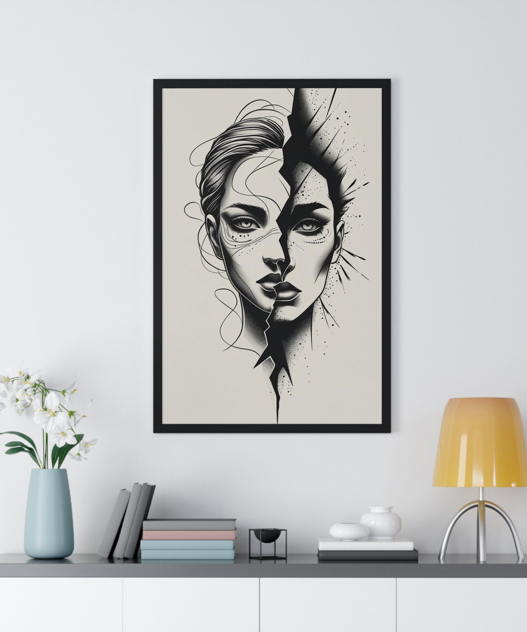Framed Art Print, Modern Wall Decor, Home Office Gift, Minimalist Split Face Poster, Stylish Artwork - Gallory Hive