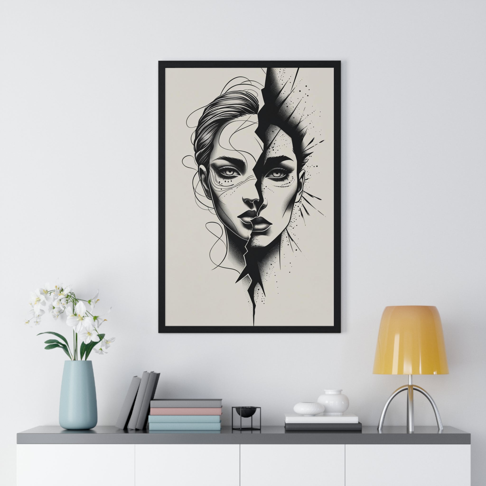 Framed Art Print, Modern Wall Decor, Home Office Gift, Minimalist Split Face Poster, Stylish Artwork