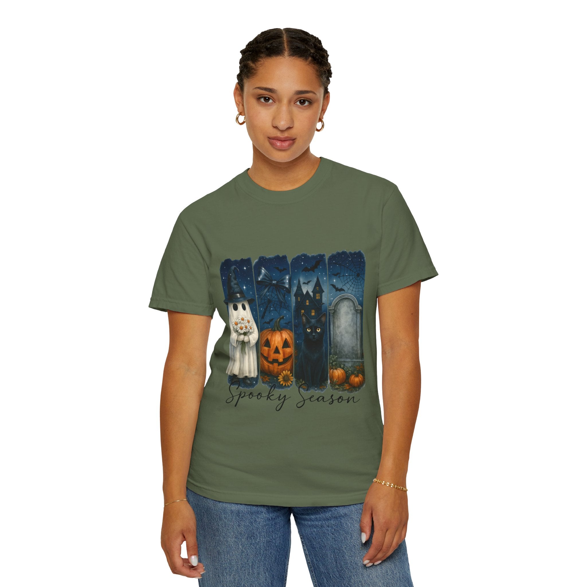 Spooky Season Halloween T-Shirt – Ghost, Black Cat, Pumpkin & Haunted House Design