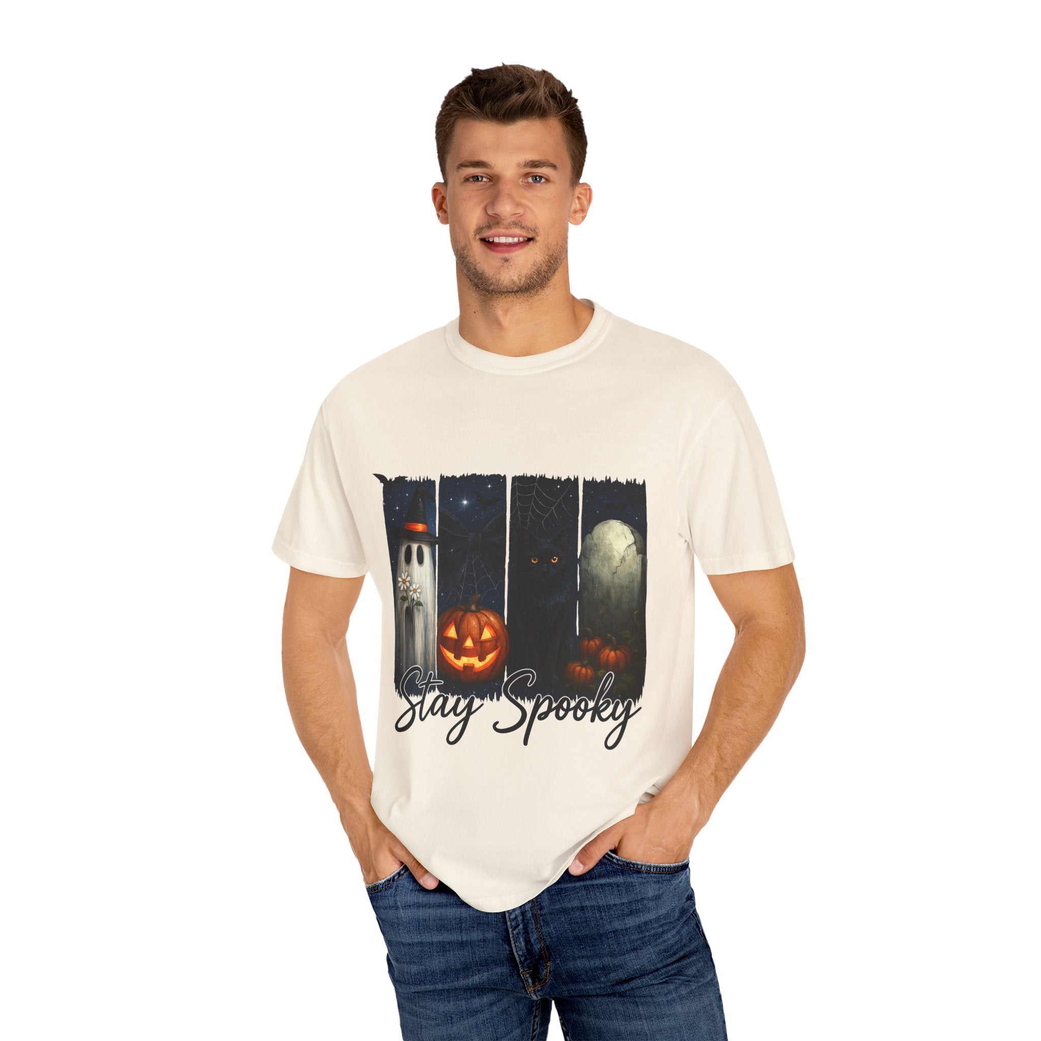 Stay Spooky Halloween T-Shirt – Cute Ghost, Black Cat, Pumpkin & Graveyard Design