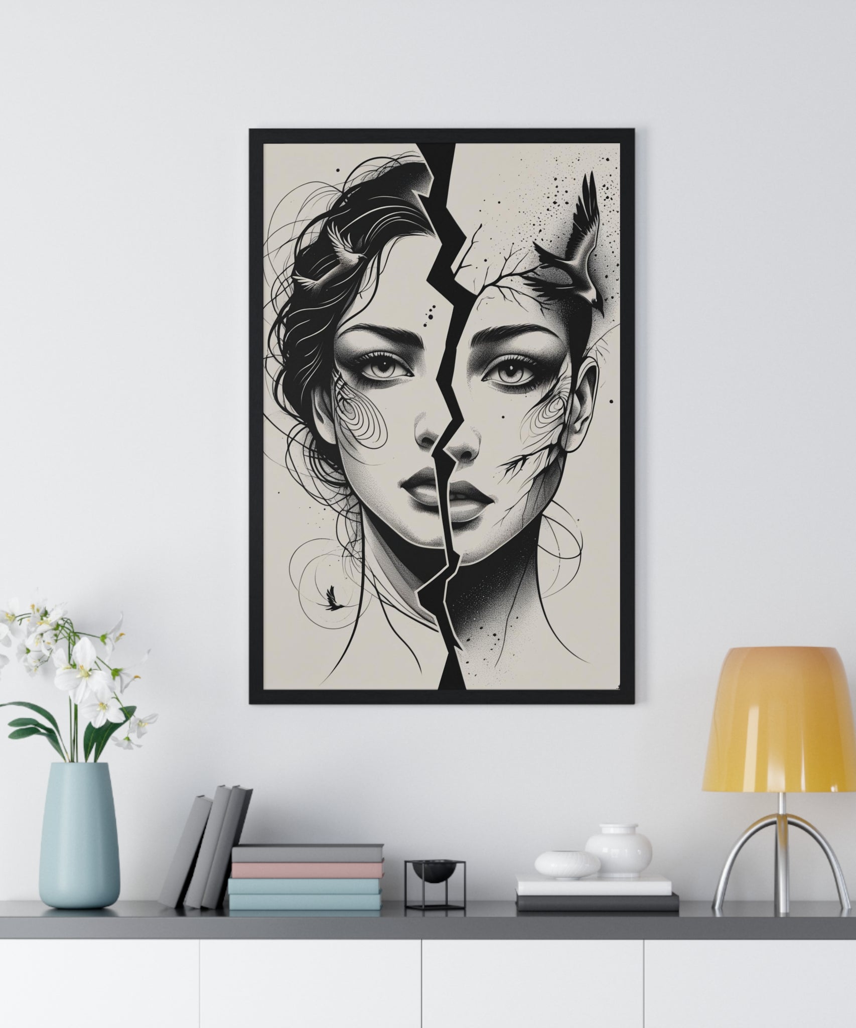Vertical Framed Poster, Women Split Face Home Decor Art Modern Wall Unique Gift Inspirational Artwork, Wall Hanging Art Print - Gallory Hive