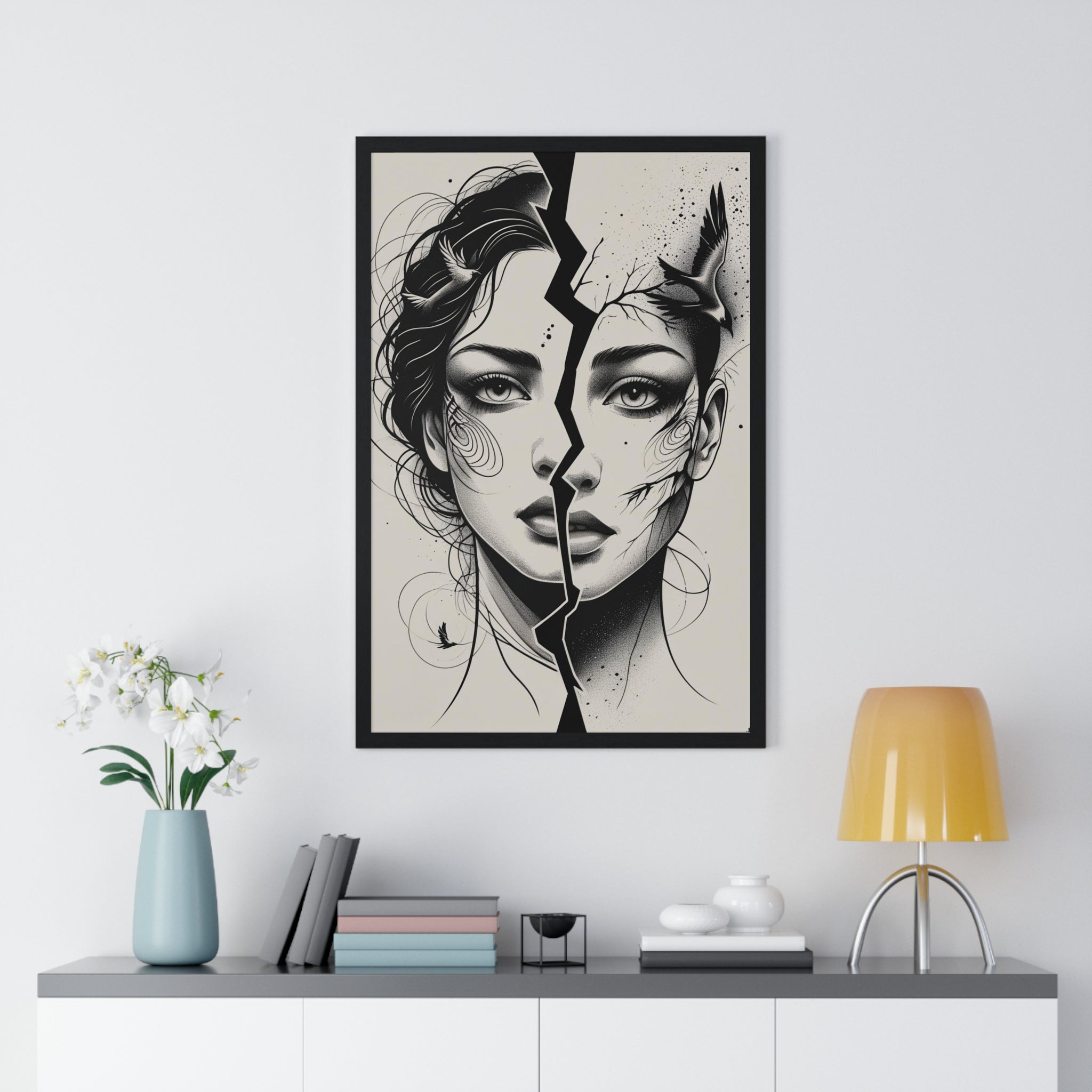 Vertical Framed Poster, Women Split Face Home Decor Art Modern Wall Unique Gift Inspirational Artwork, Wall Hanging Art Print