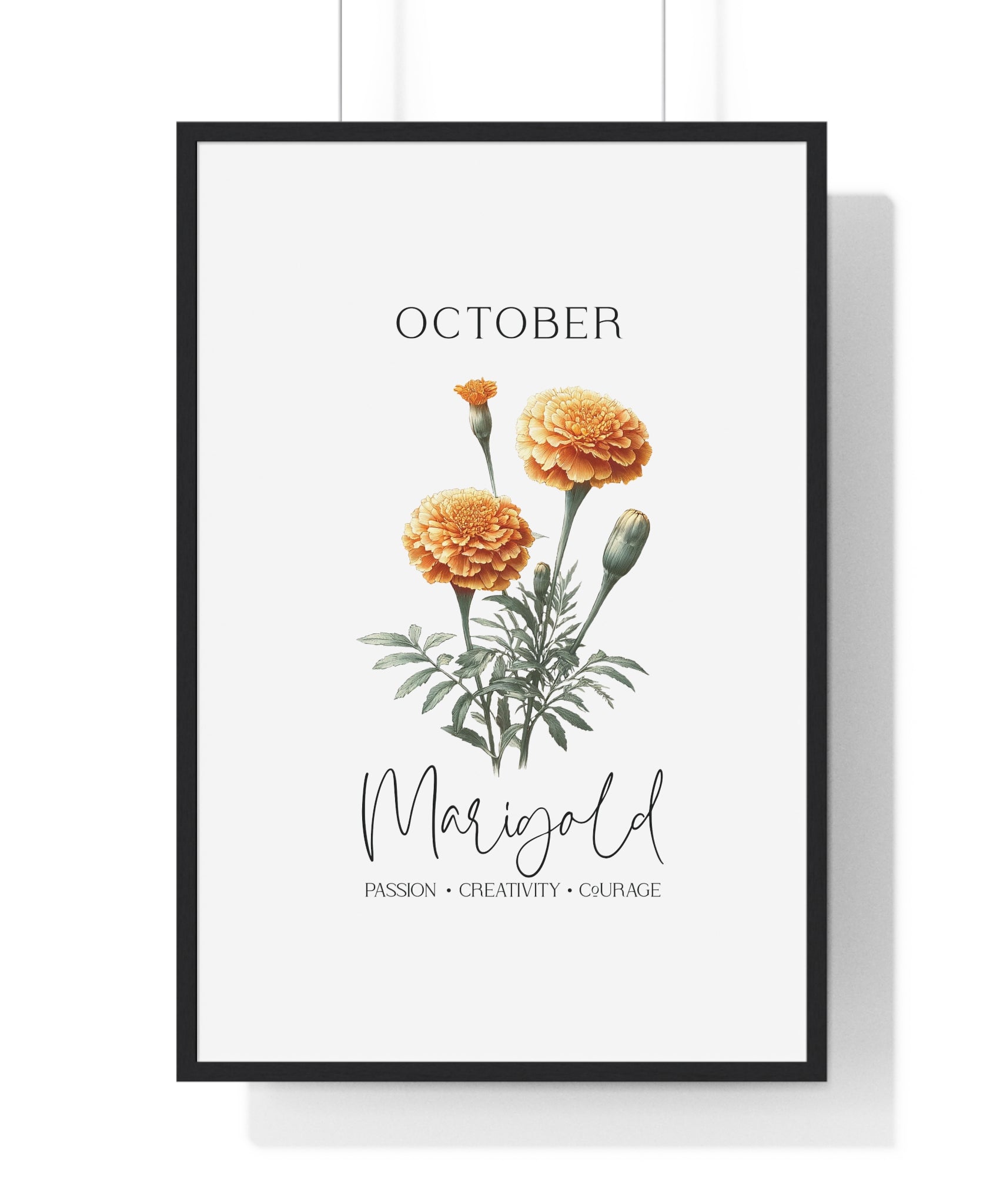 October Birth Month Flower Wall Art – Marigold Illustration in Wooden Frame | Passion, Creativity & Courage