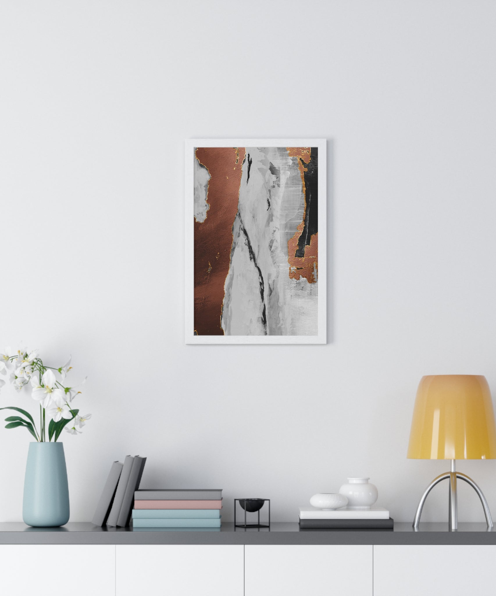 Luxury Abstract Wall Art Poster – Metallic Copper & Marble Texture on Wooden Frame – Modern Home Décor