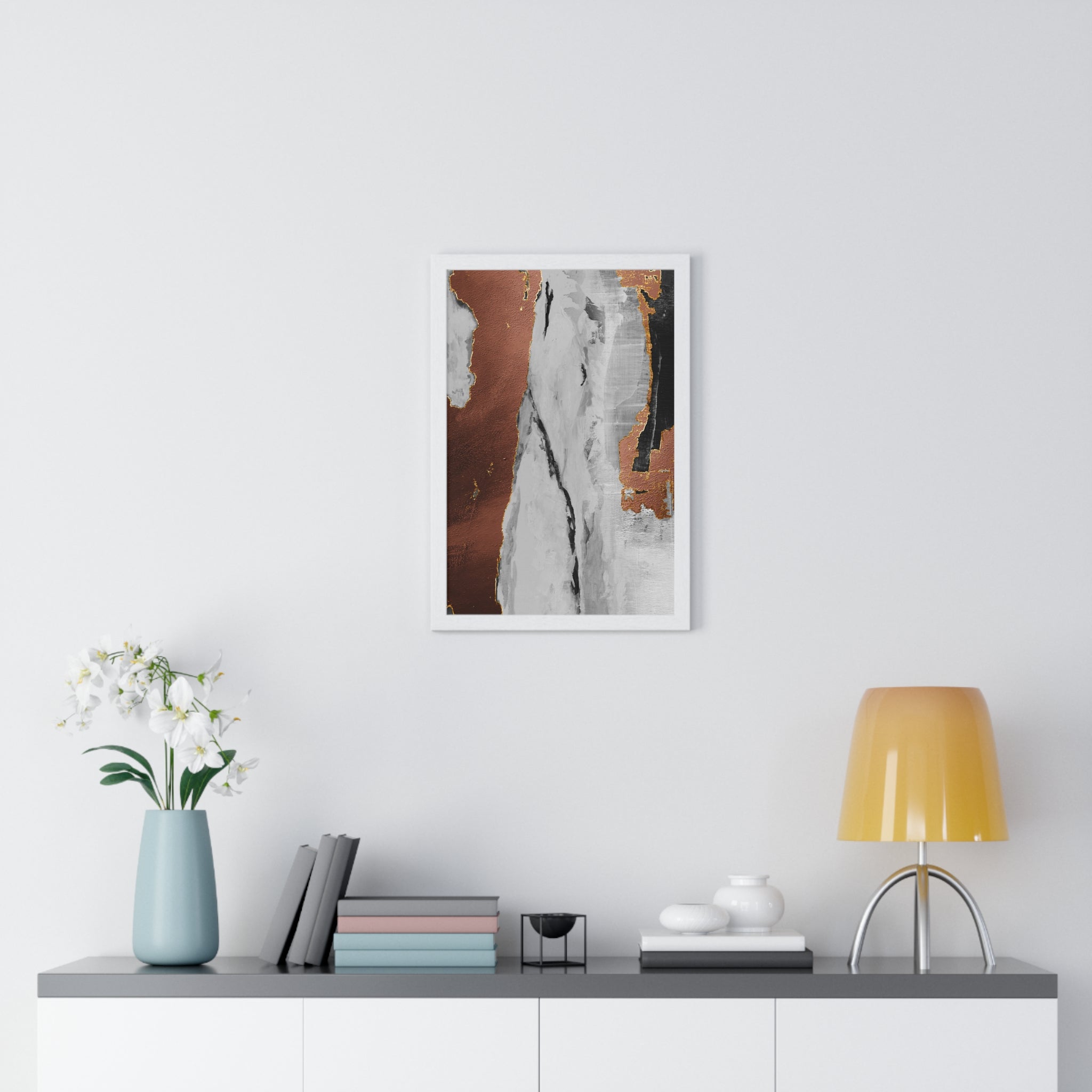 Luxury Abstract Wall Art Poster – Metallic Copper & Marble Texture on Wooden Frame – Modern Home Décor