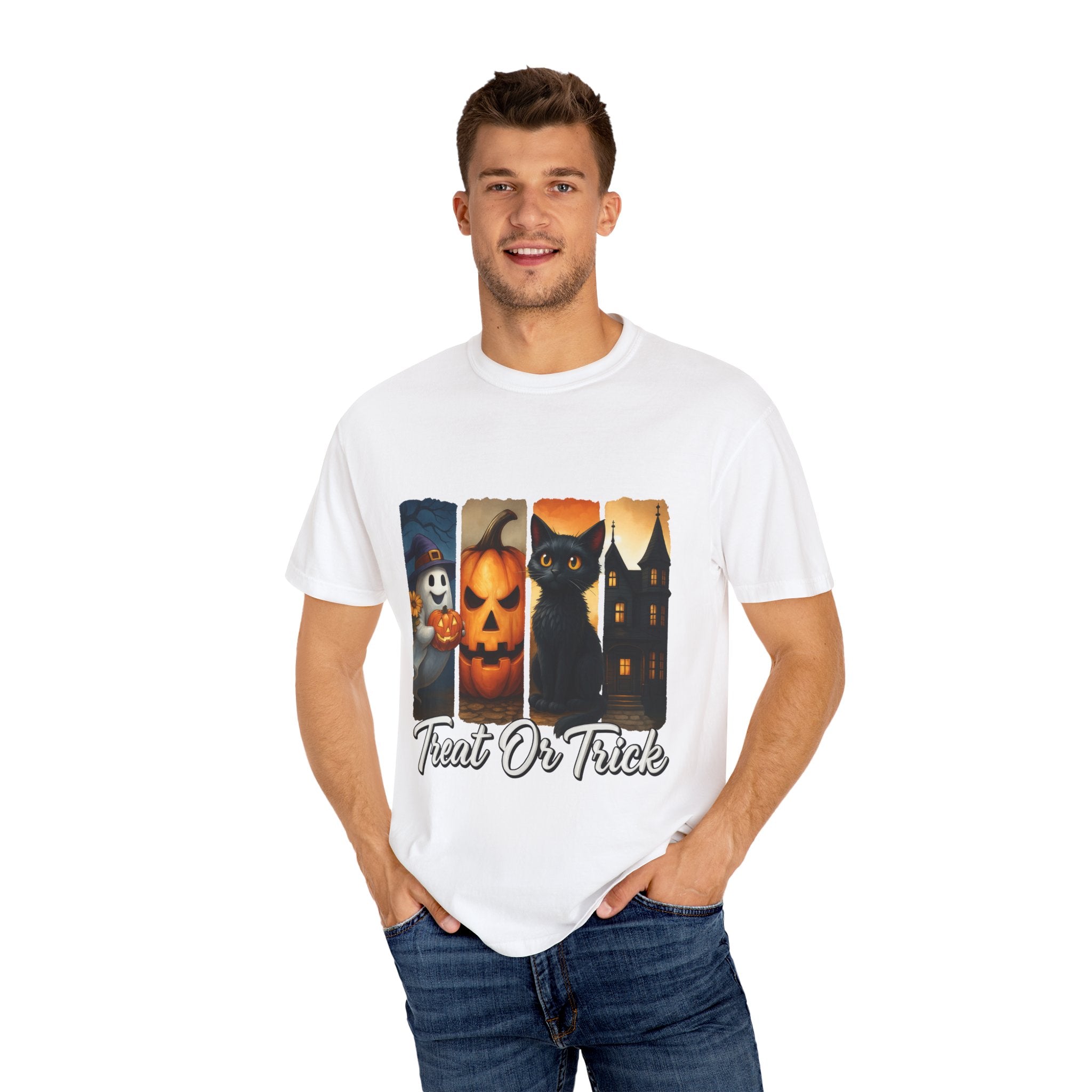 Treat Or Trick Halloween T-Shirt – Cute Ghost, Pumpkin, Black Cat & Haunted House Design