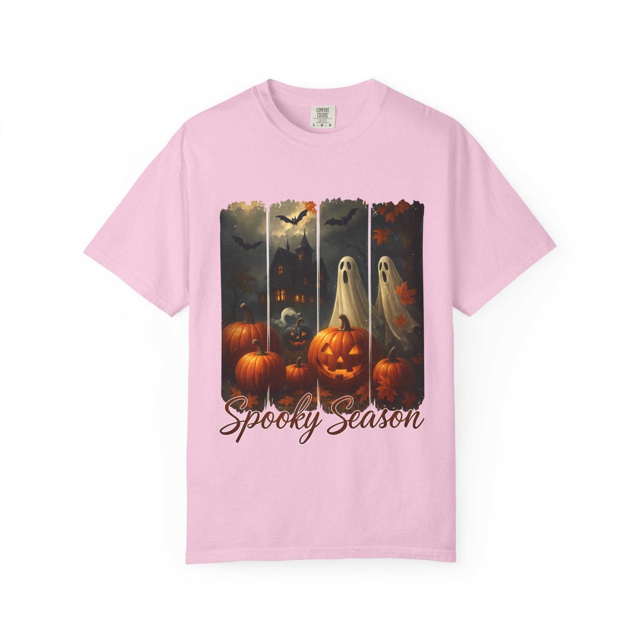 Spooky Season Unisex Halloween T-Shirt – Haunted House, Pumpkins & Ghosts Fall Design