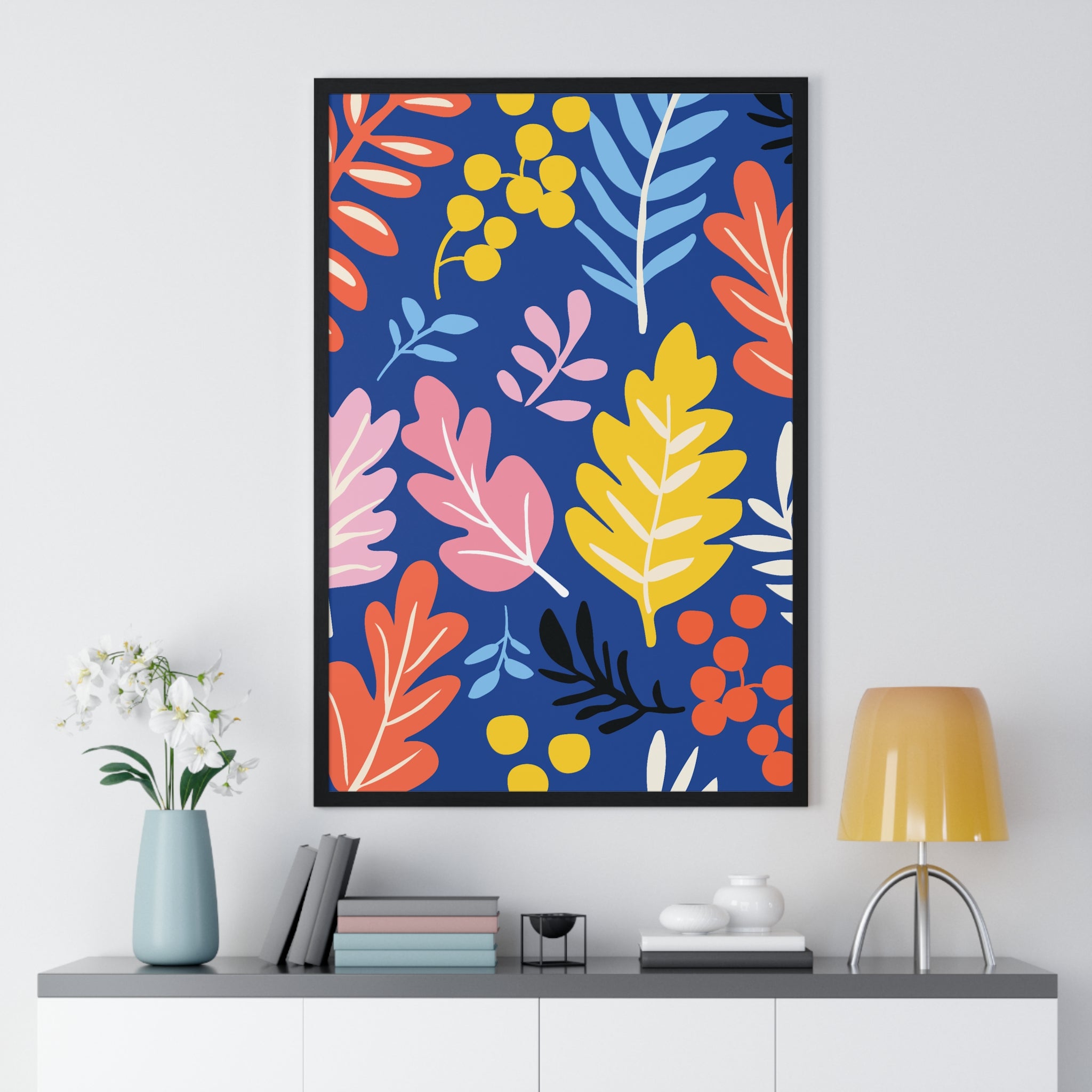 Vibrant Autumn Leaf Art on Rust Orange Grid in Premium Frame