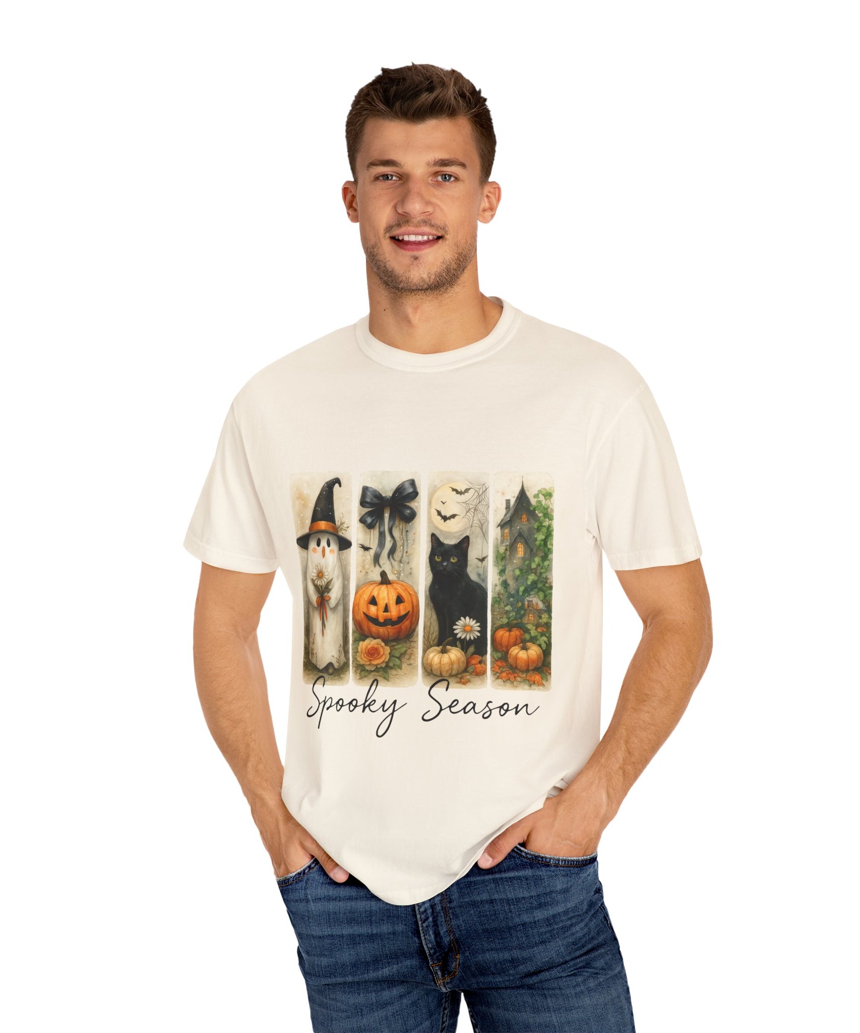 Vintage Halloween Unisex T-Shirt – Cute Ghost, Black Cat, Pumpkin & Haunted House Art - Gallory Hive