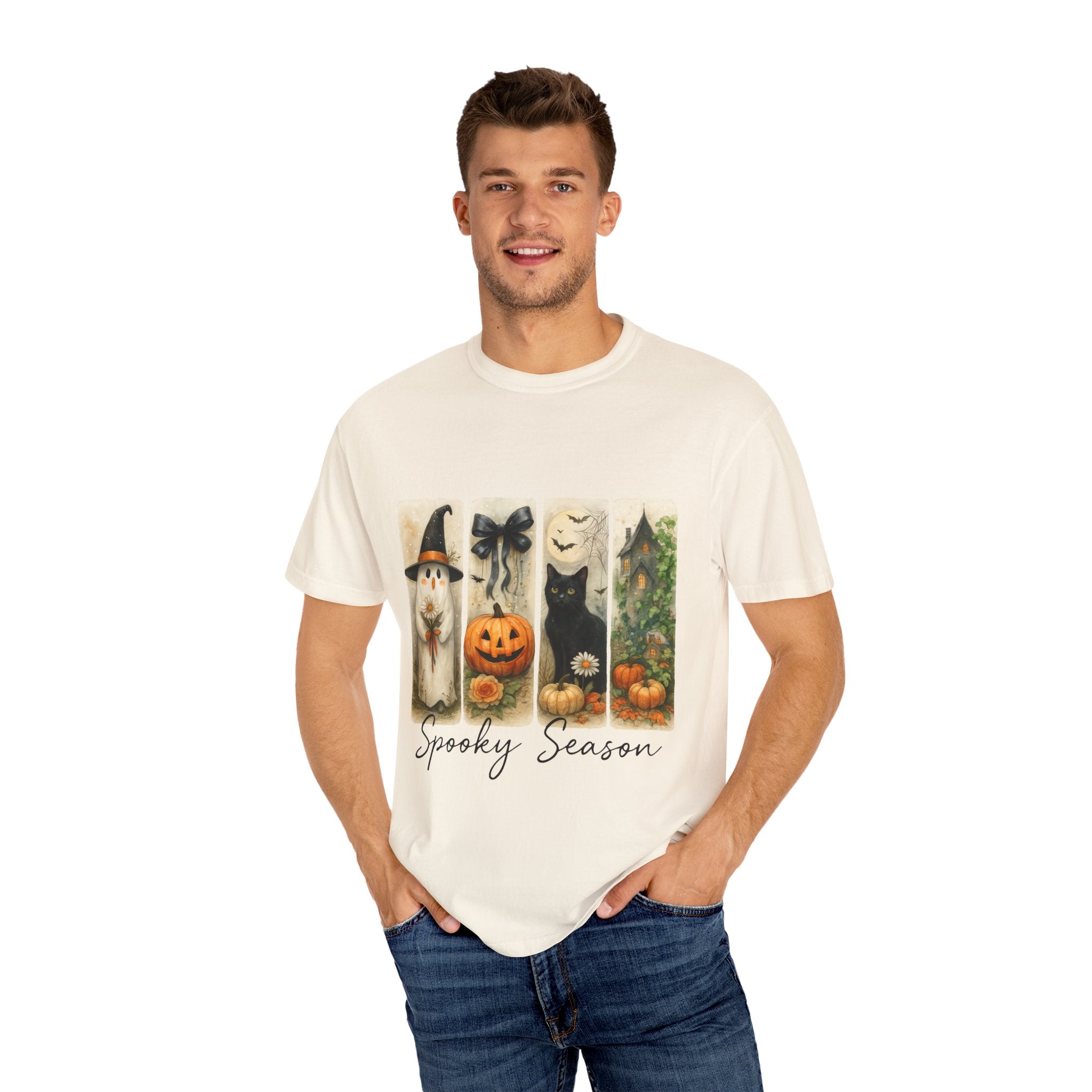 Vintage Halloween Unisex T-Shirt – Cute Ghost, Black Cat, Pumpkin & Haunted House Art