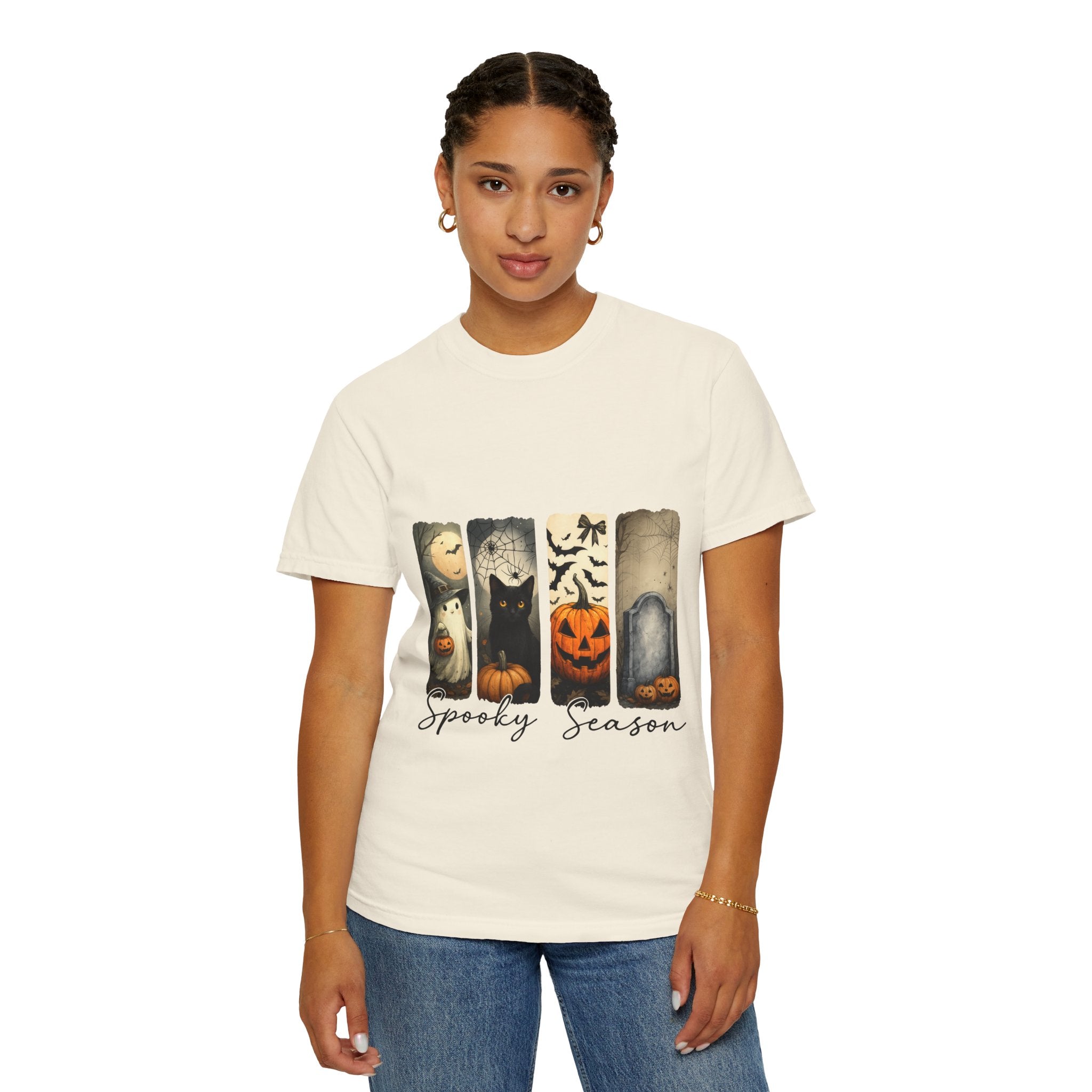 Halloween Night Unisex T-Shirt – Ghost, Black Cat, Pumpkin & Tombstone Vintage Art