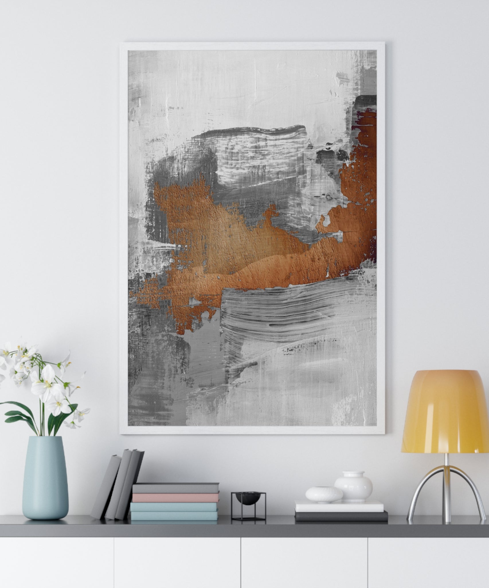 Textured Abstract Wall Art – Grey, Copper & White Modern Brushstroke Poster on Wooden Frame