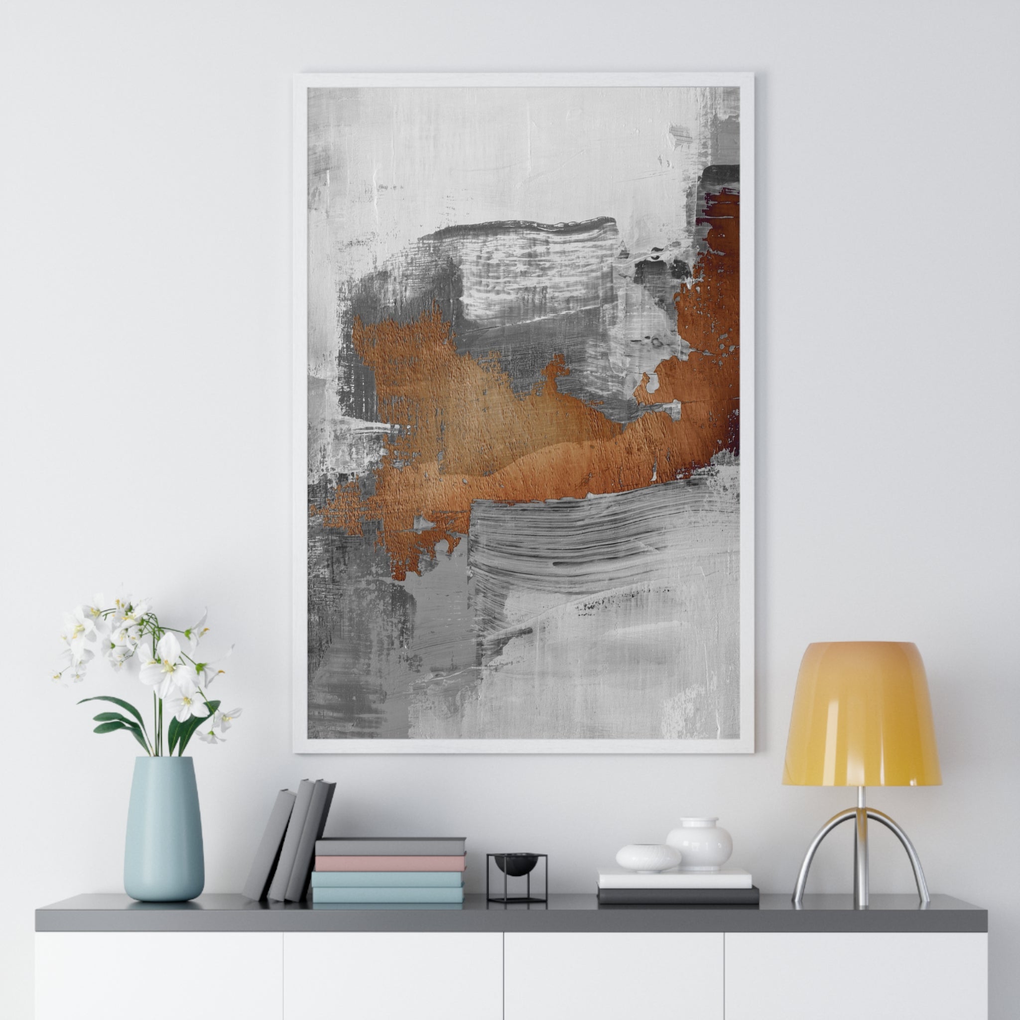 Textured Abstract Wall Art – Grey, Copper & White Modern Brushstroke Poster on Wooden Frame