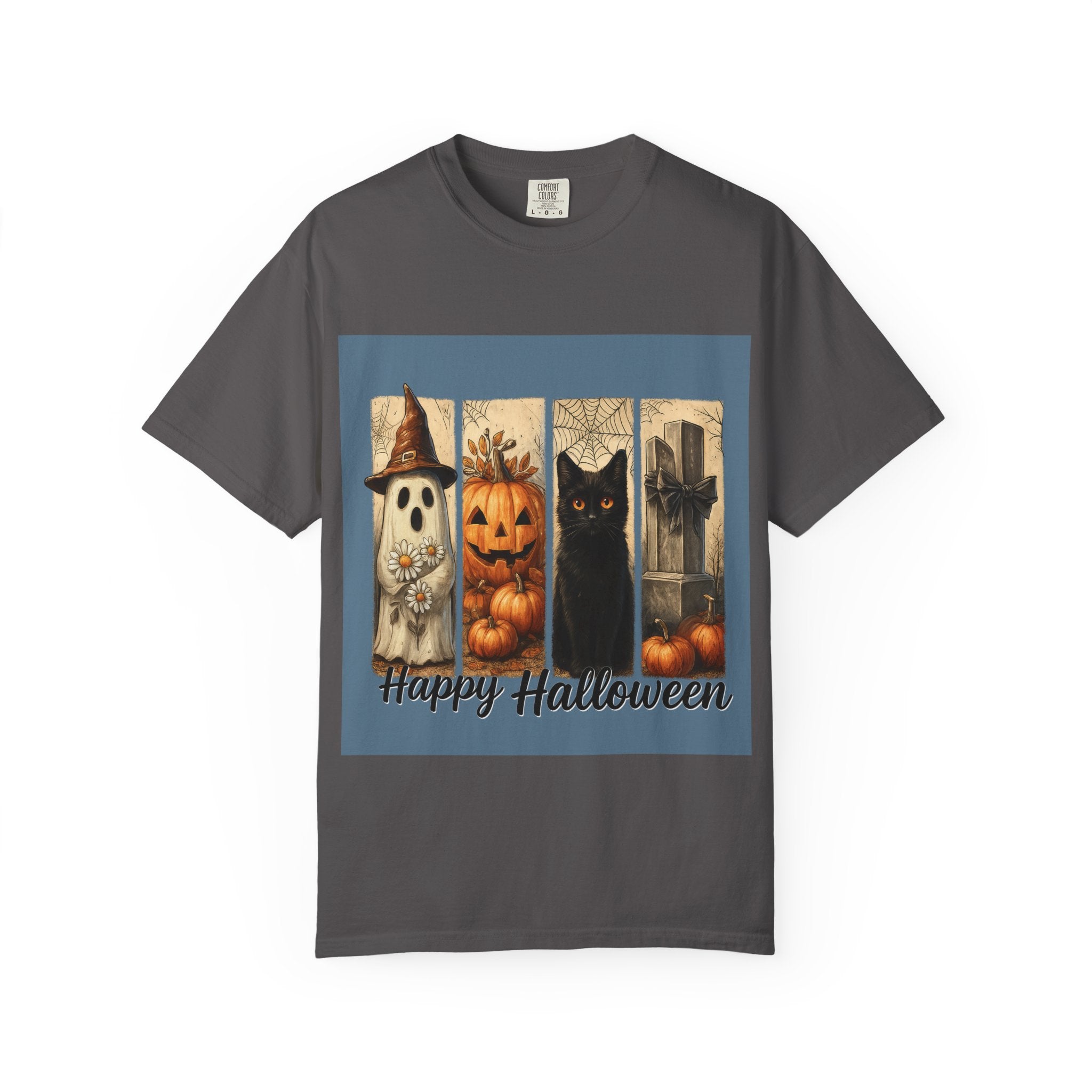 Happy Halloween Unisex T-Shirt – Ghost, Black Cat & Pumpkin Graphic Tee