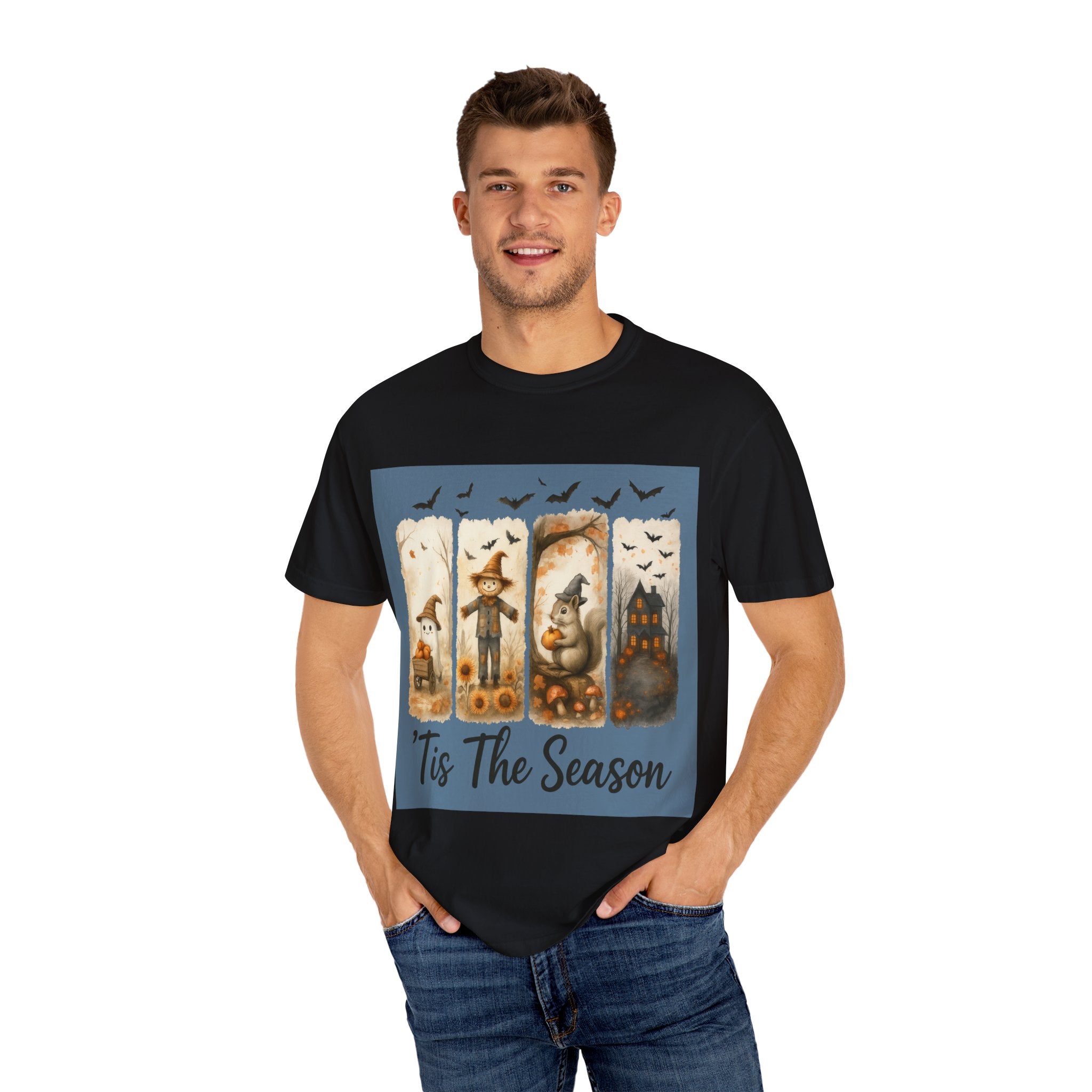 Tis The Season Fall Halloween T-Shirt – Cute Ghost, Scarecrow, Squirrel & Haunted House Design
