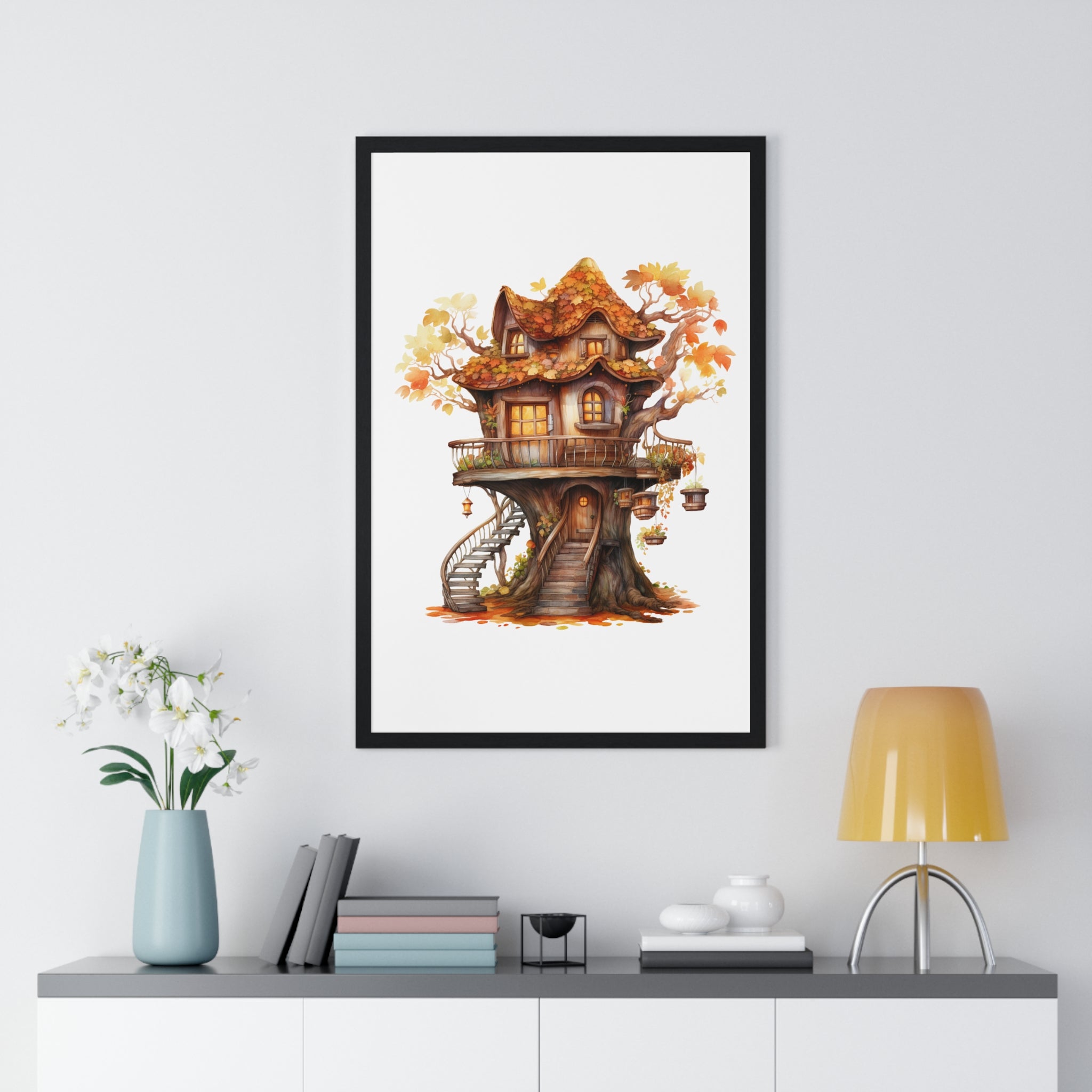 Whimsical Autumn Treehouse Wall Art – Spiral Staircase Forest Cottage with Lanterns & Glowing Windows