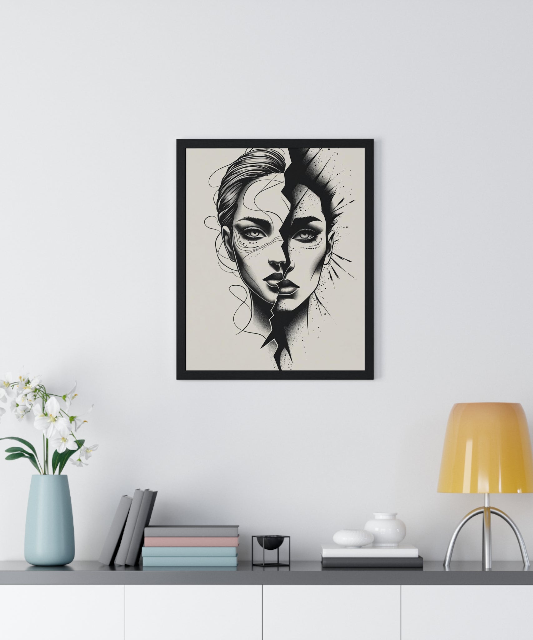 Framed Art Print, Modern Wall Decor, Home Office Gift, Minimalist Split Face Poster, Stylish Artwork - Gallory Hive