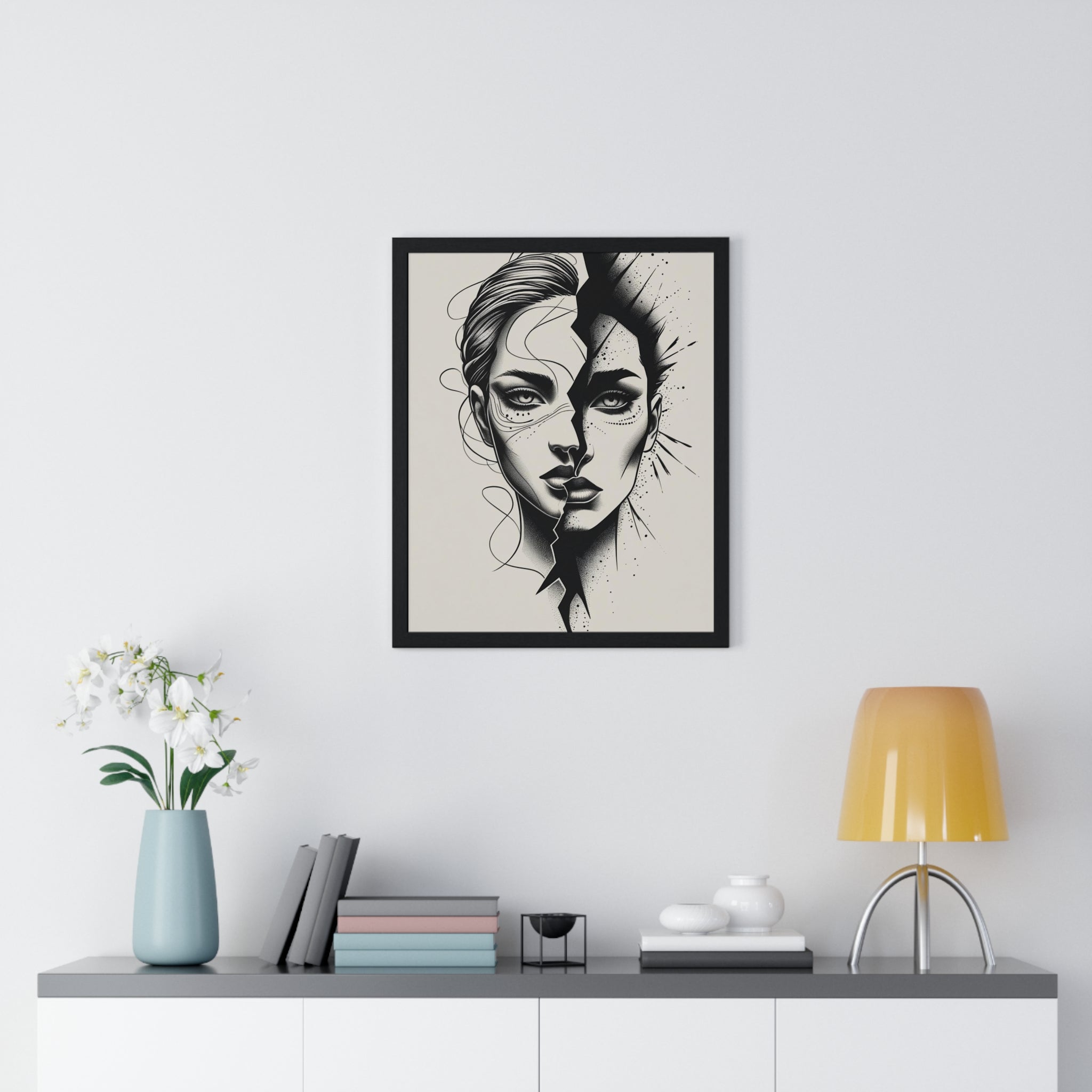 Framed Art Print, Modern Wall Decor, Home Office Gift, Minimalist Split Face Poster, Stylish Artwork