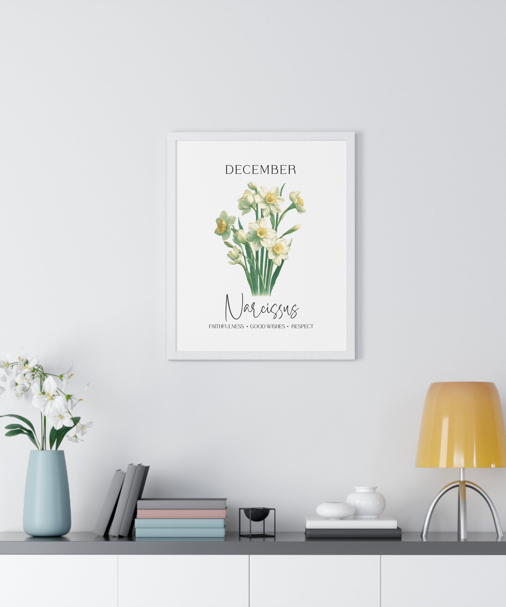 December Birth Month Flower Wall Art – Narcissus Illustration in Wooden Frame | Faithfulness, Good Wishes & Respect