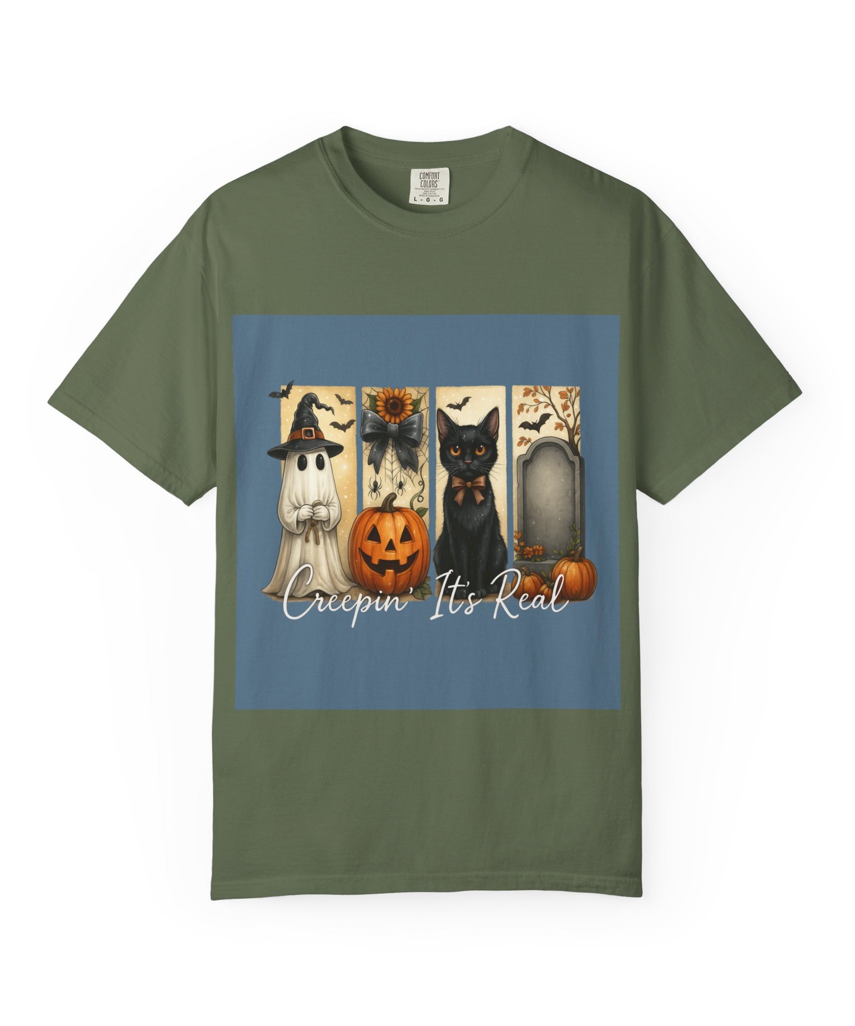 Creepin’ It’s Real Halloween T-Shirt – Cute Ghost, Pumpkin, Black Cat & Tombstone Design - Gallory Hive