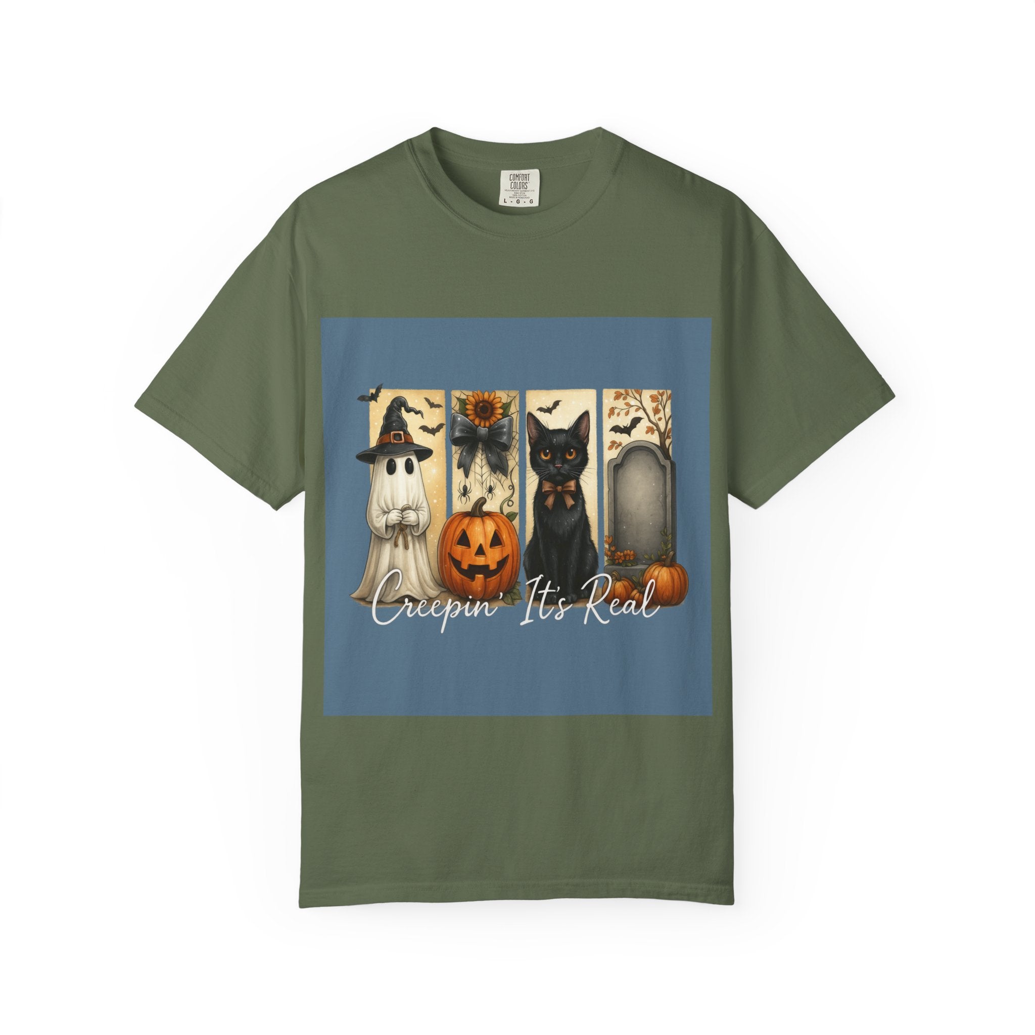 Creepin’ It’s Real Halloween T-Shirt – Cute Ghost, Pumpkin, Black Cat & Tombstone Design