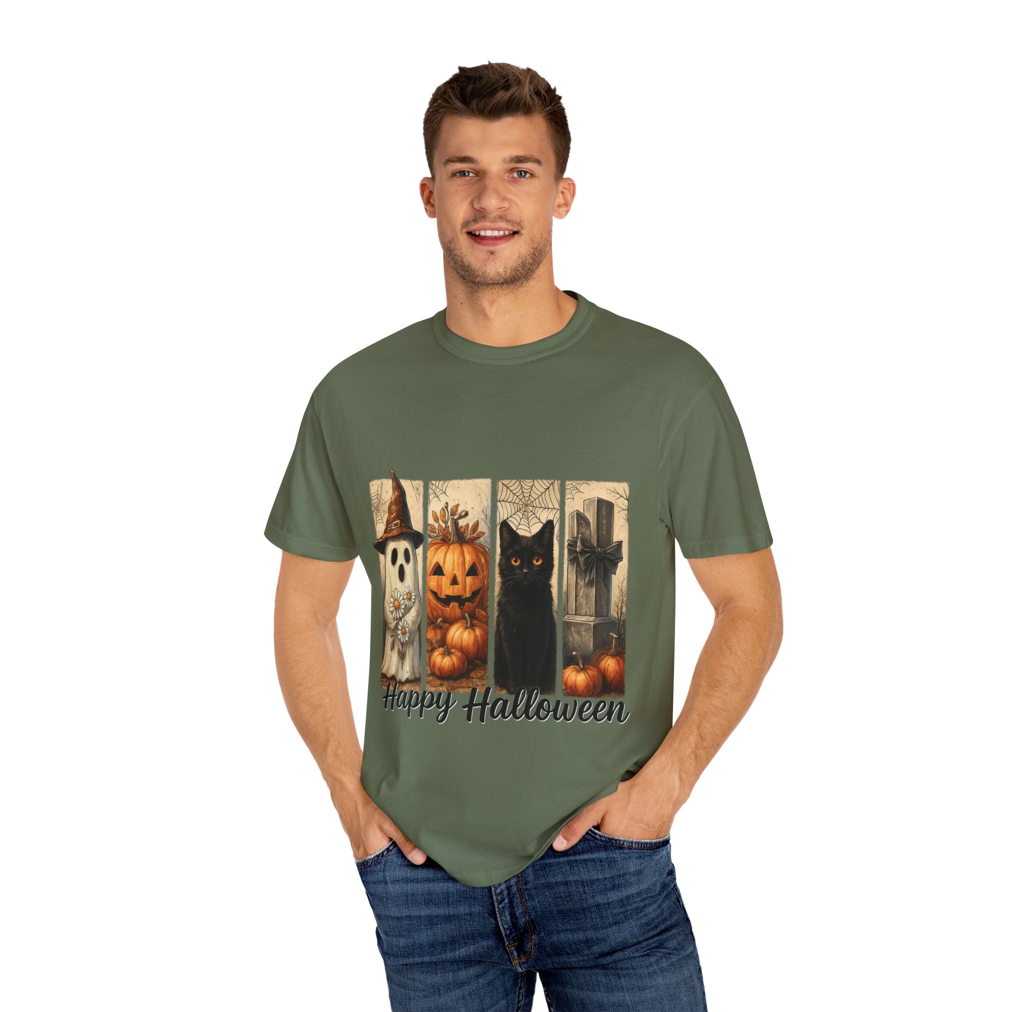 Happy Halloween Unisex T-Shirt – Ghost, Black Cat & Pumpkin Graphic Tee