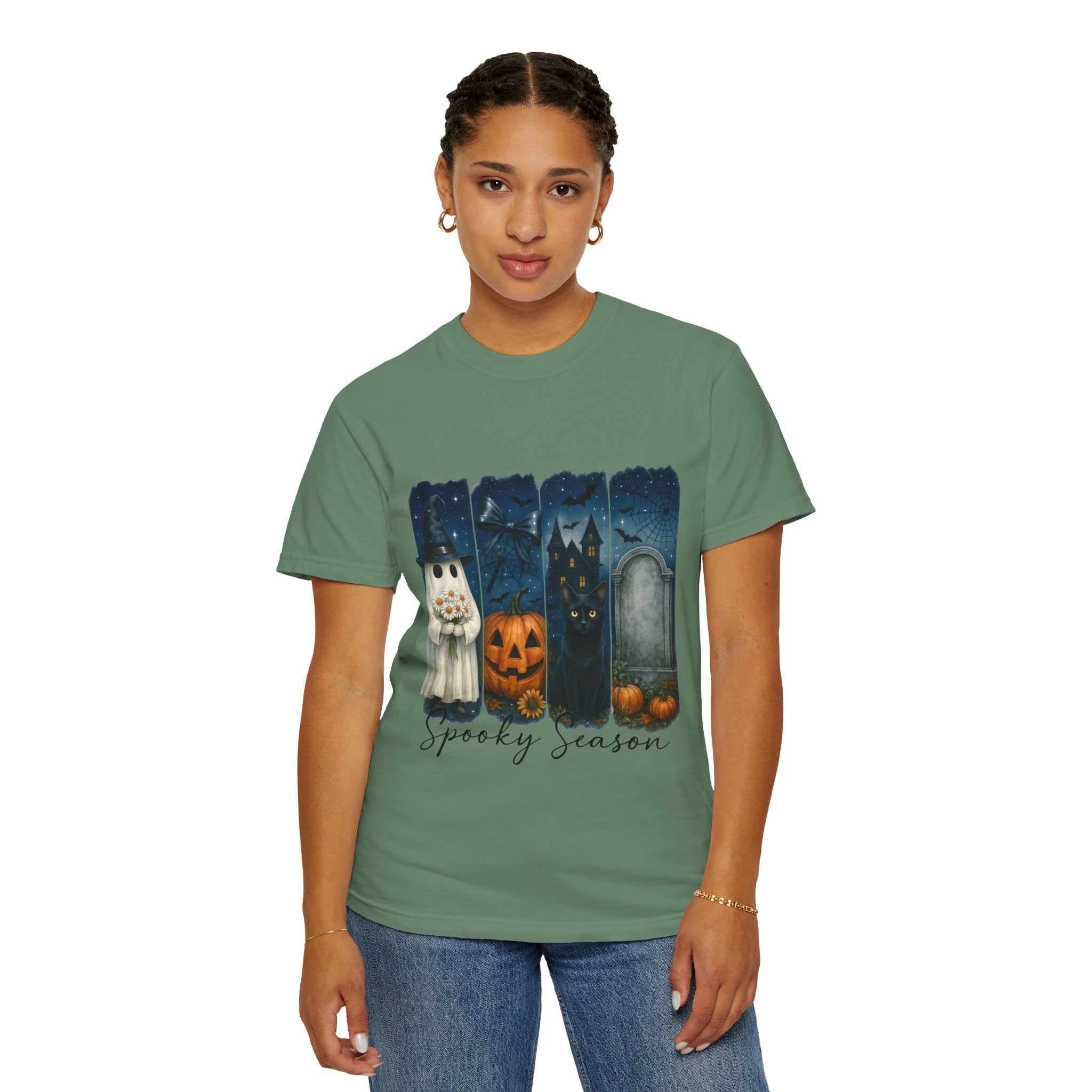 Spooky Season Halloween T-Shirt – Ghost, Black Cat, Pumpkin & Haunted House Design - Gallory Hive