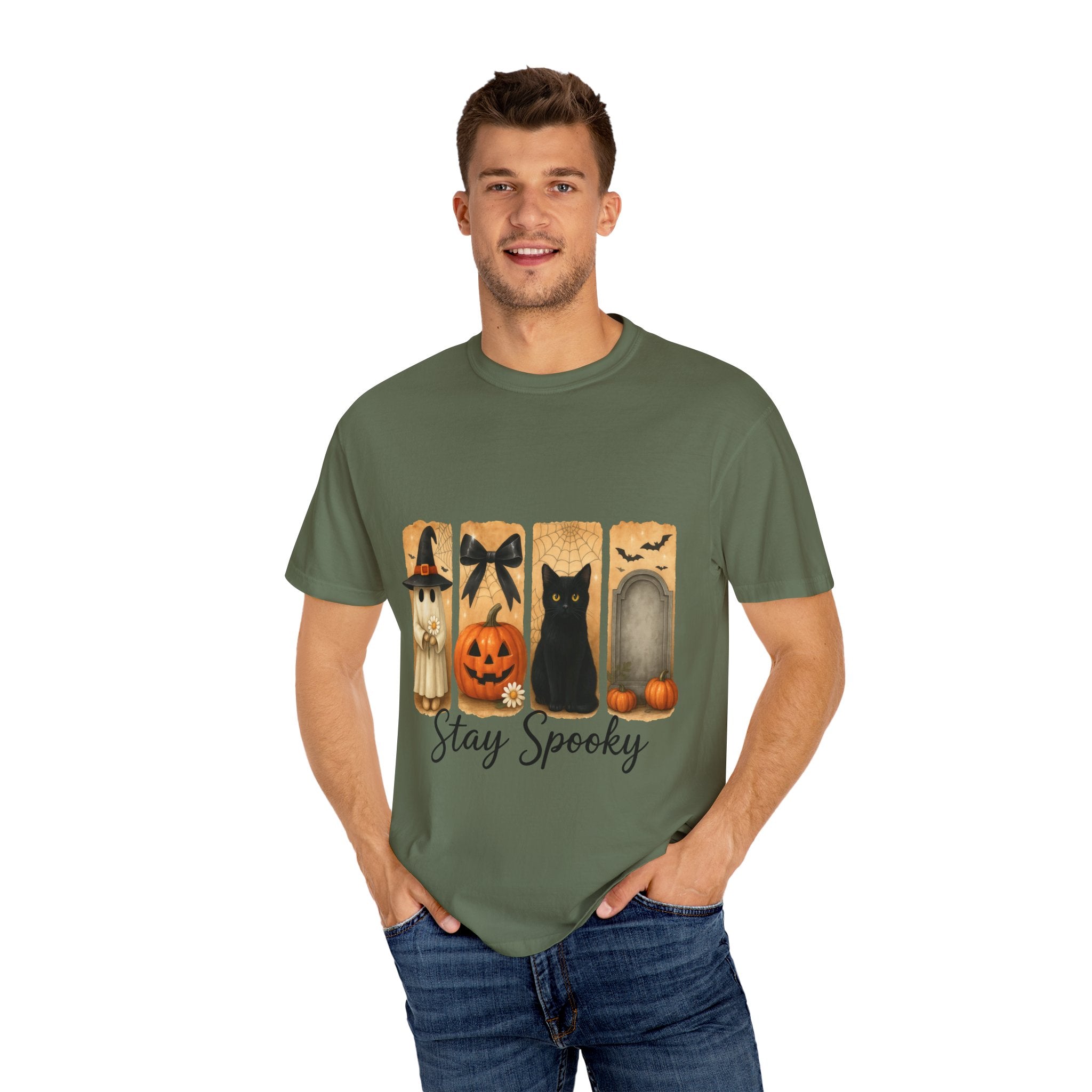 Cute Halloween T-Shirt – Ghost in Witch Hat, Pumpkin, Black Cat & Tombstone Design