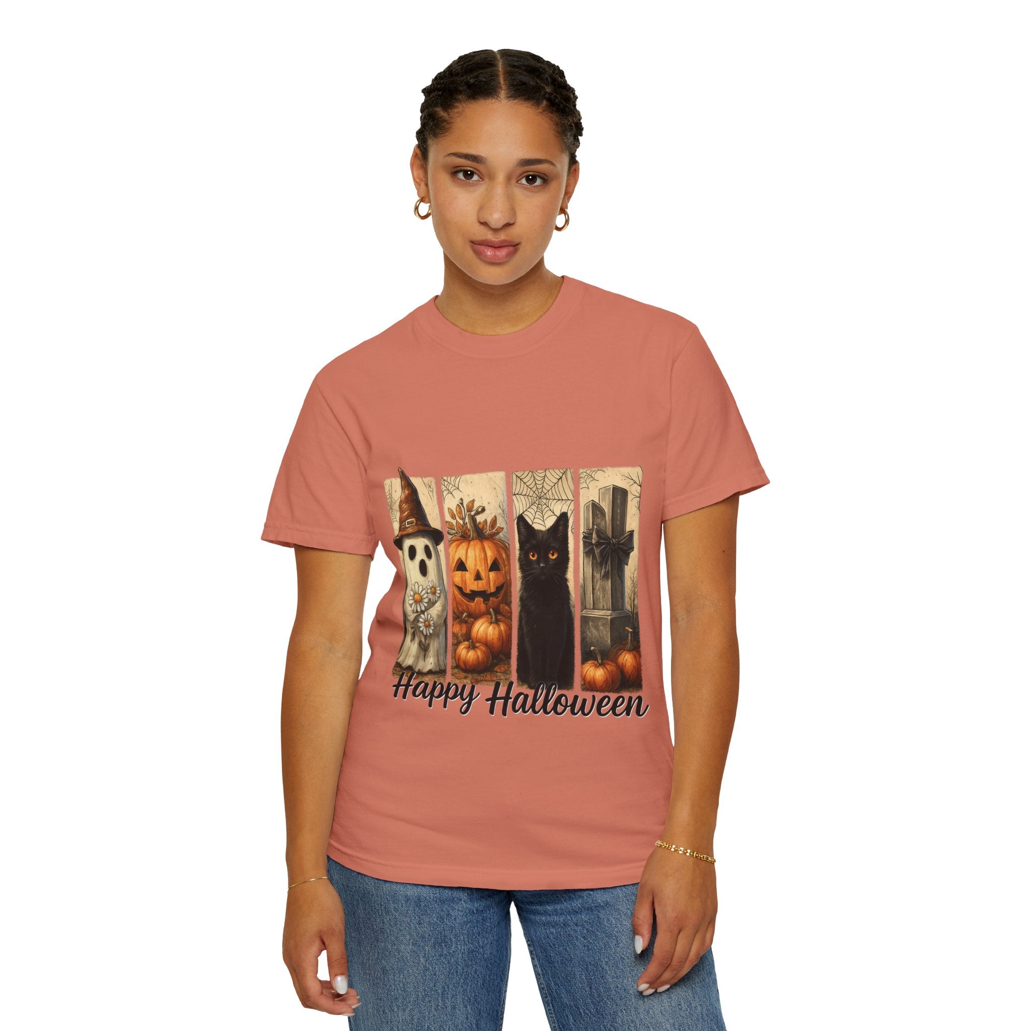 Happy Halloween Unisex T-Shirt – Ghost, Black Cat & Pumpkin Graphic Tee
