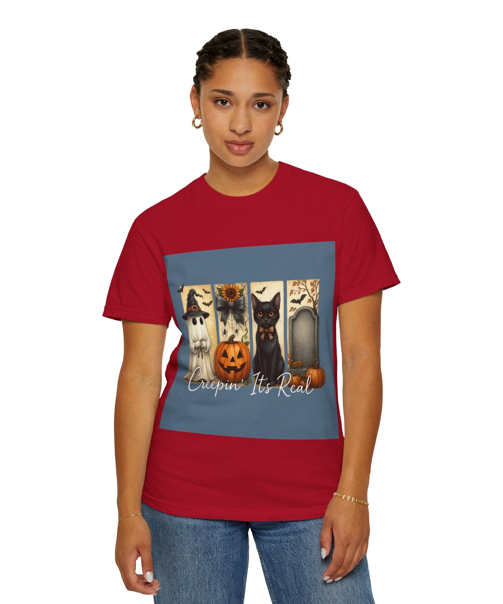 Creepin’ It’s Real Halloween T-Shirt – Cute Ghost, Pumpkin, Black Cat & Tombstone Design - Gallory Hive