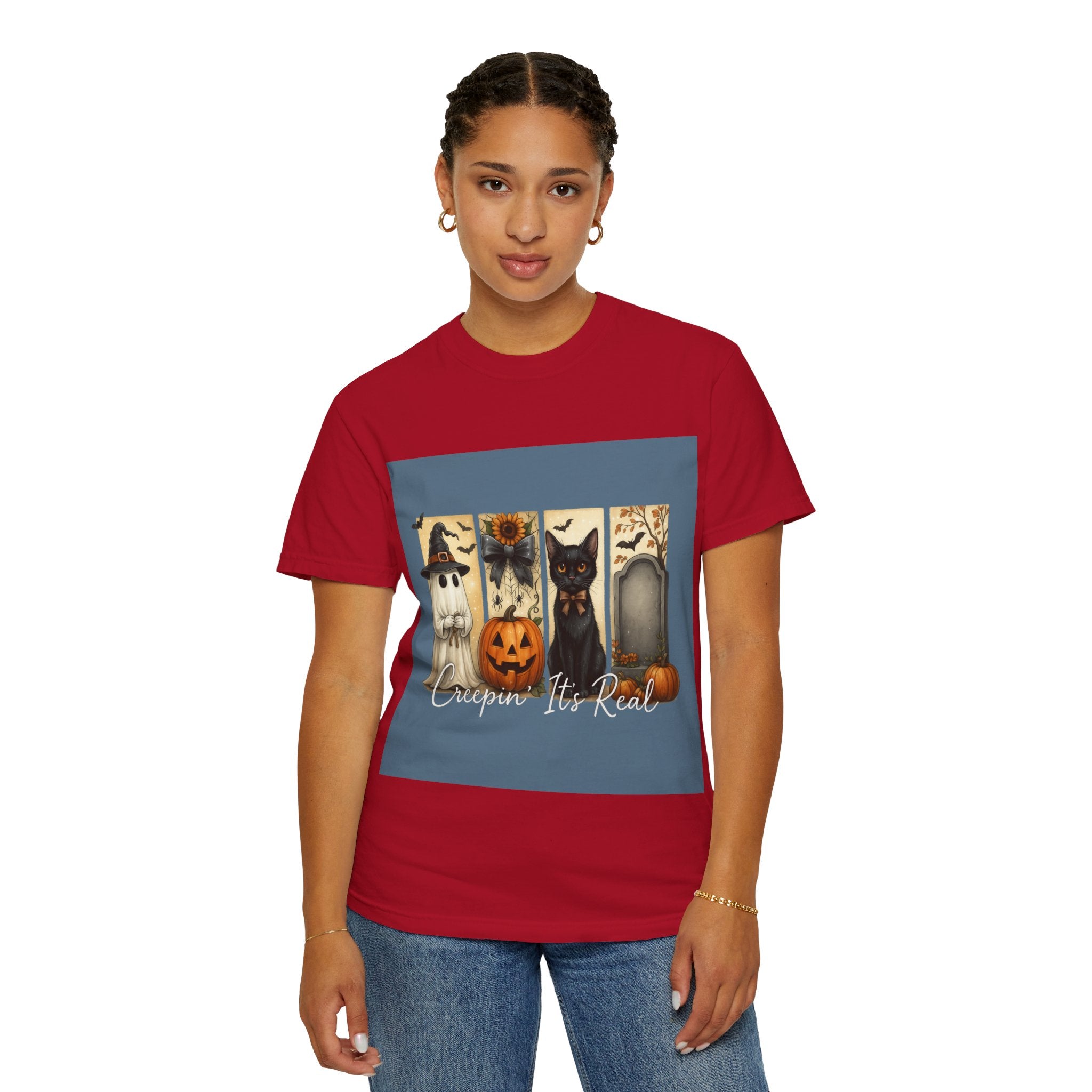 Creepin’ It’s Real Halloween T-Shirt – Cute Ghost, Pumpkin, Black Cat & Tombstone Design