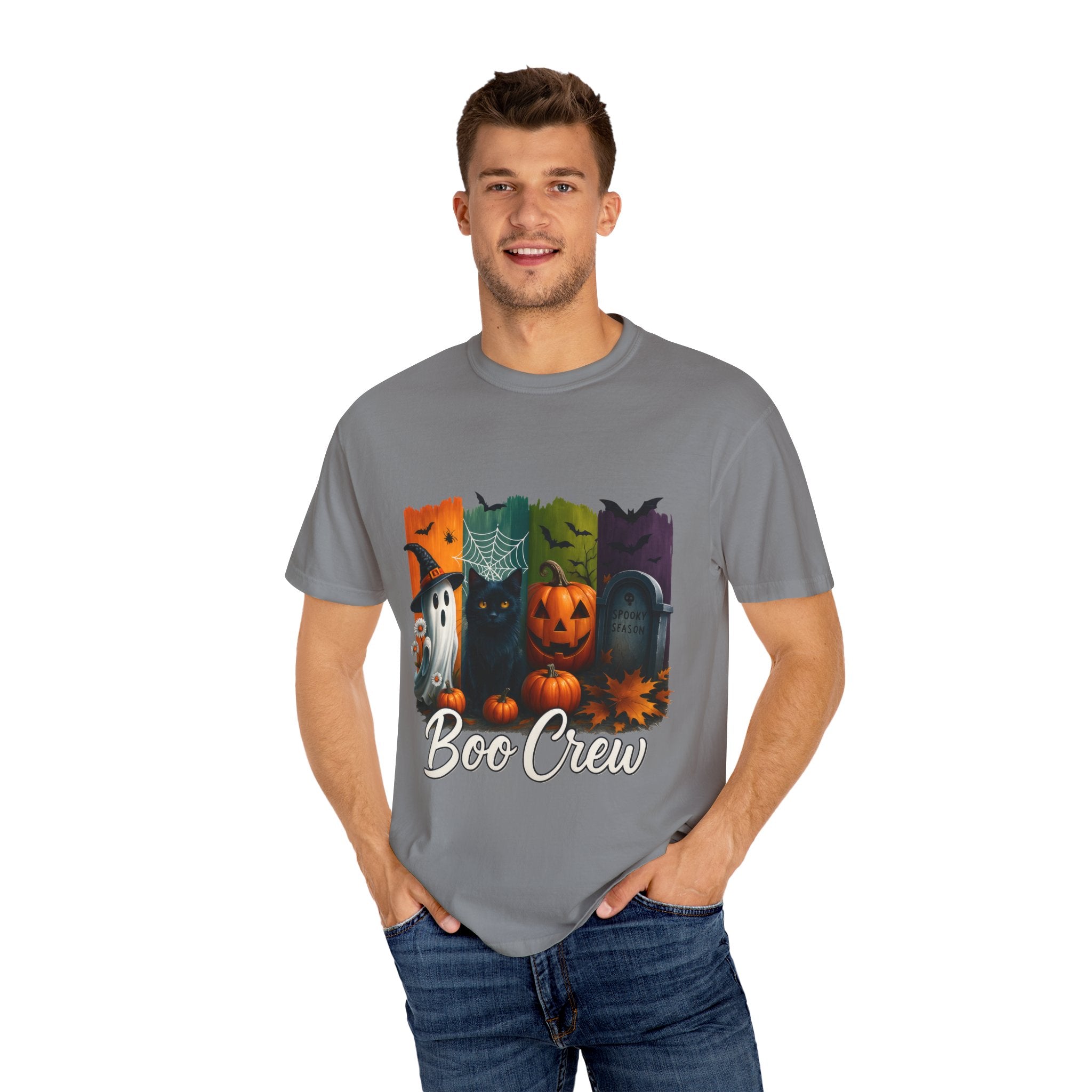 Boo Crew Halloween Unisex T-Shirt – Cute Ghost, Black Cat, Pumpkin & Tombstone Design