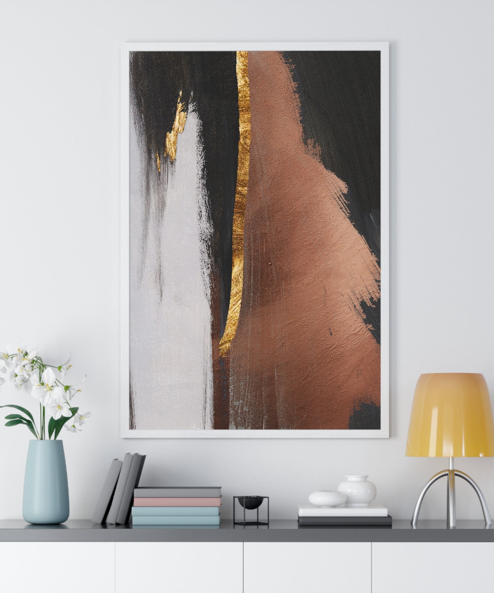 Modern Abstract Wall Art – Bold Black, Copper & Gold Textured Poster on Wooden Frame – Luxury Canvas Print for Home or Office