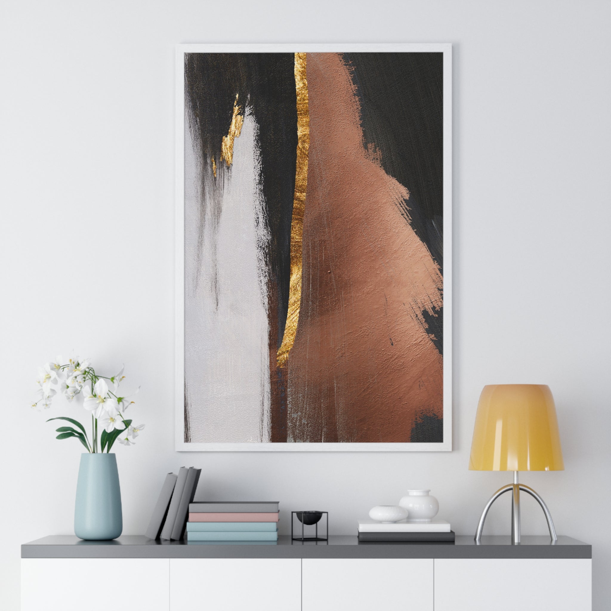 Modern Abstract Wall Art – Bold Black, Copper & Gold Textured Poster on Wooden Frame – Luxury Canvas Print for Home or Office