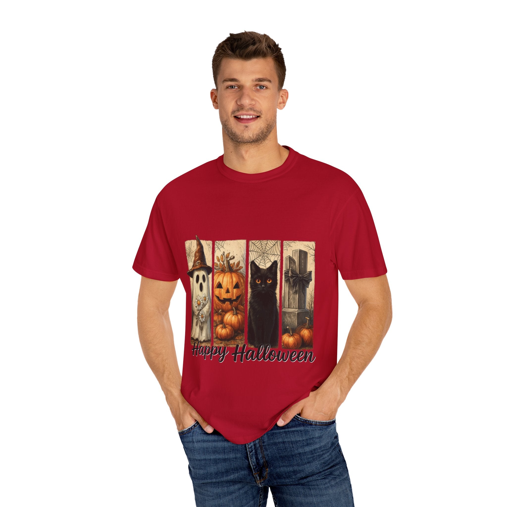 Happy Halloween Unisex T-Shirt – Ghost, Black Cat & Pumpkin Graphic Tee